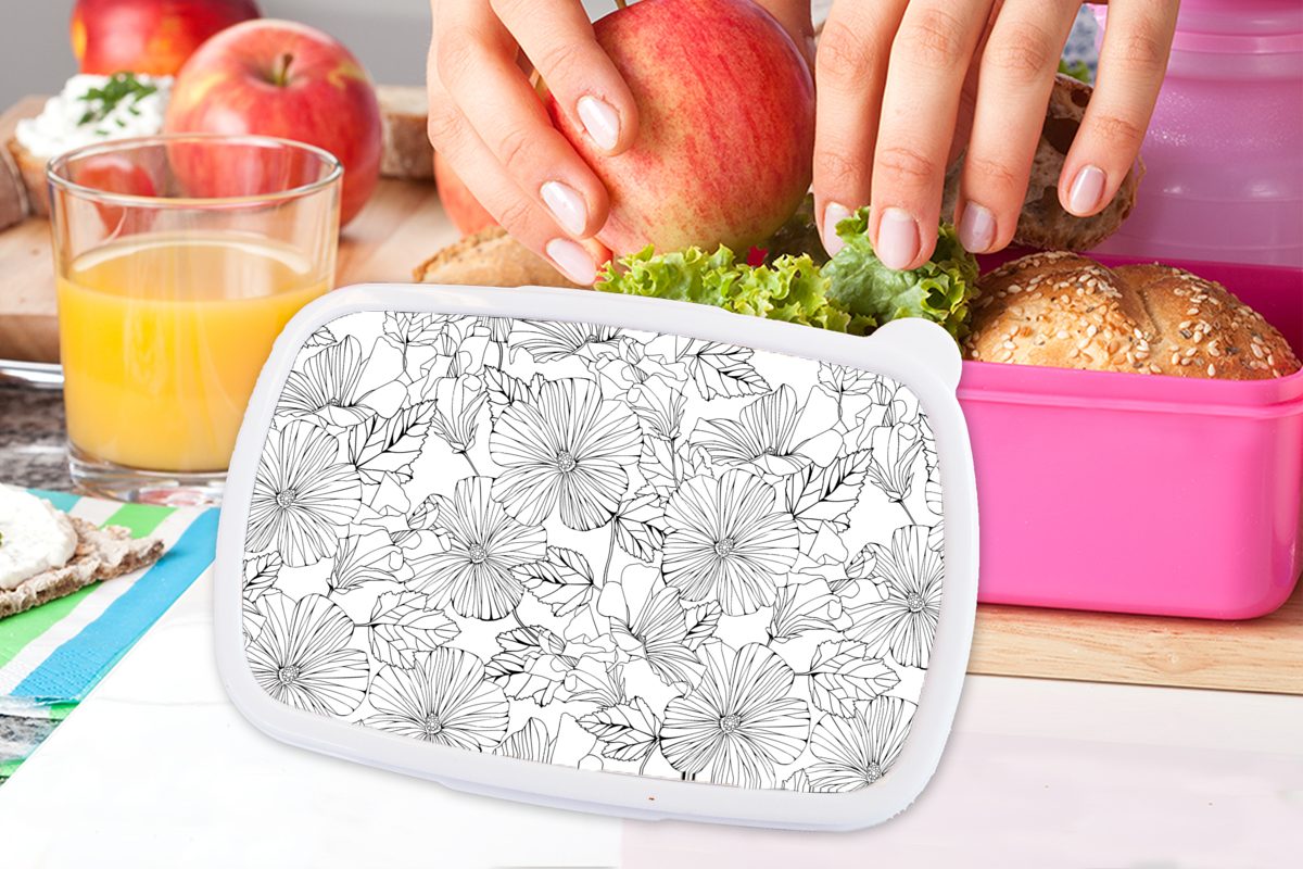 Mädchen, Schwarz rosa Flora, Lunchbox Design Blumen MuchoWow - für (2-tlg), Weiß Brotdose - Erwachsene, Brotbox Snackbox, - Kinder, - Kunststoff, Kunststoff