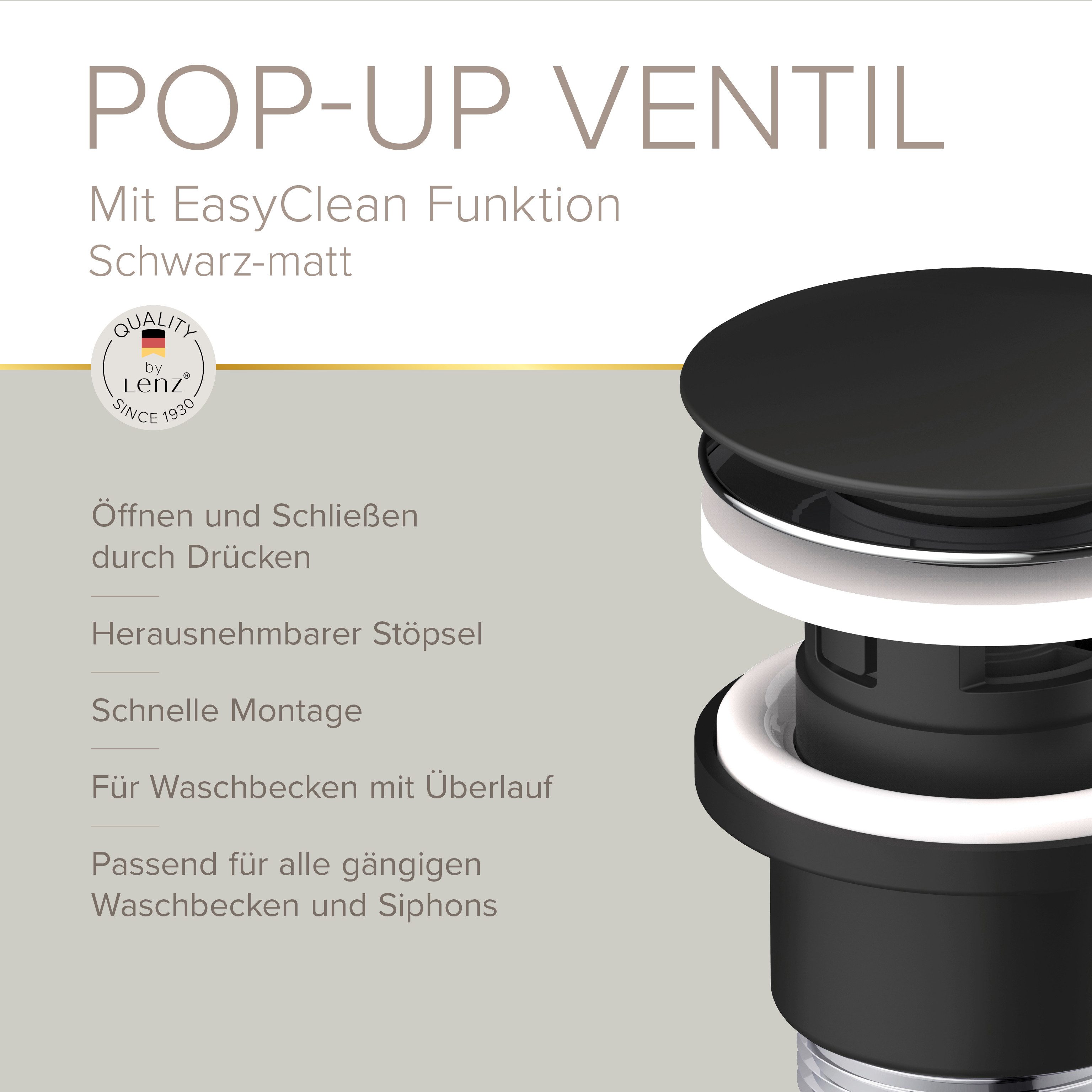 Lenz Waschbeckenstöpsel Easy Clean Pop-Up-Ventil, Waschbeckenstopfen