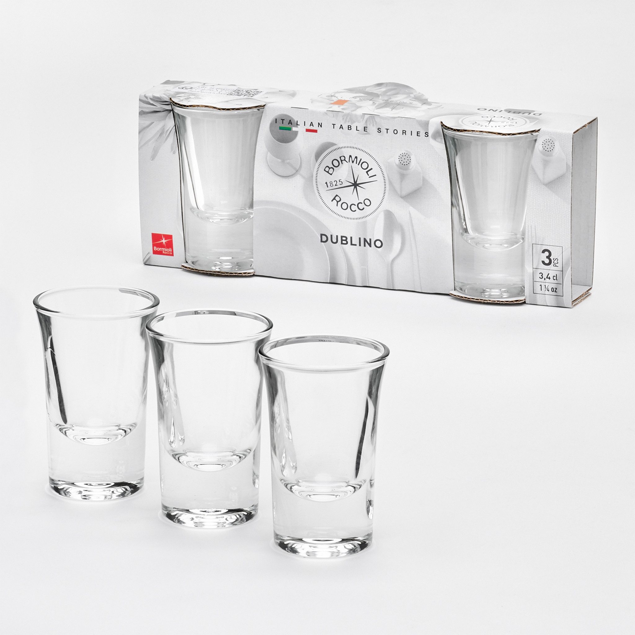 Bormioli Rocco Schnapsglas Stamper Dublino 3,4cl, 3 Stück, 3-tlg., Glas, perfekt geeignet für Likör und weitere Spirituosen