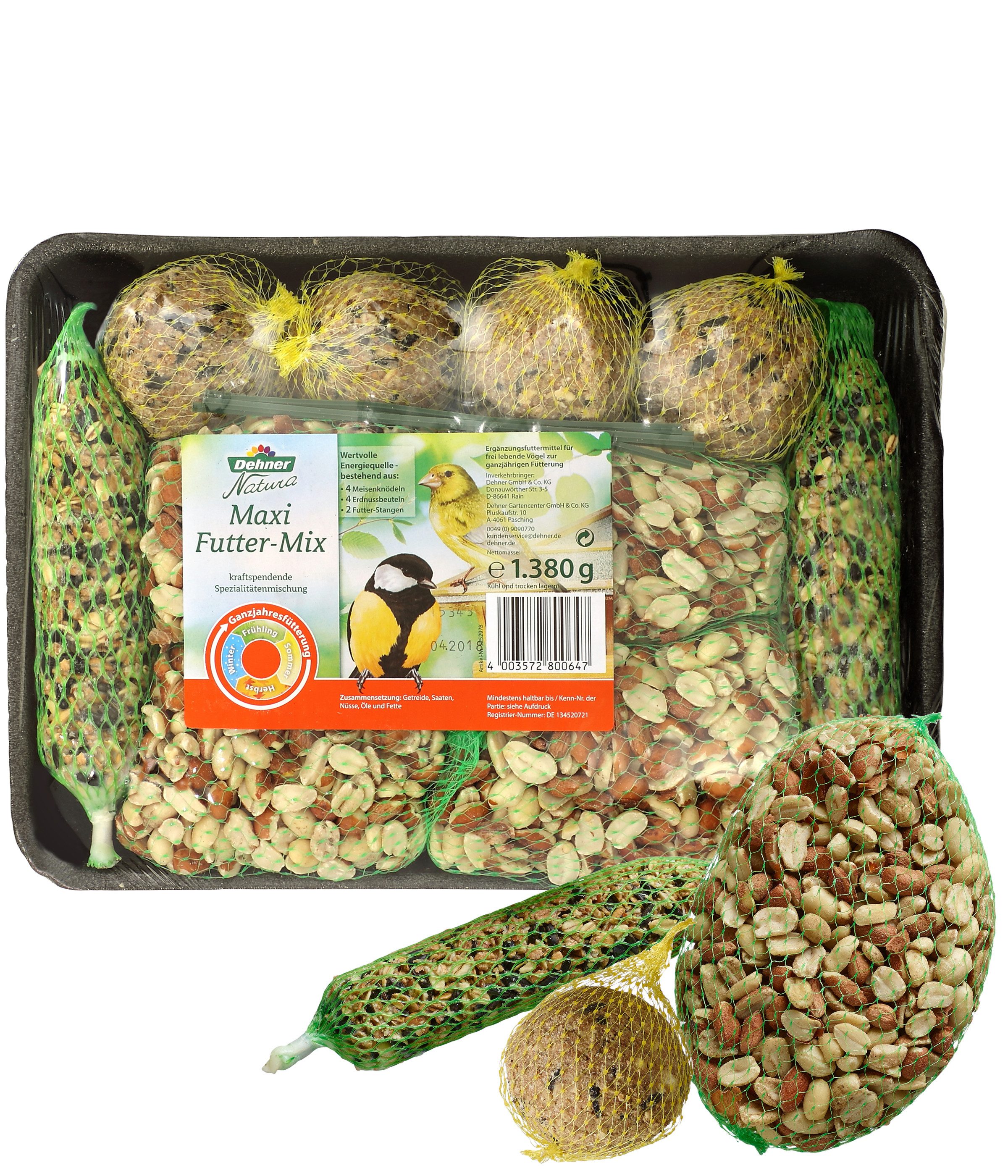 Dehner Natura Premium Wildvogelfutter Spezial-Snackmix, 6-teiliges Set, Kraftfutter für: Wildvogel, Gartenvögel, energiereich, hochwertiges Vogelfutter