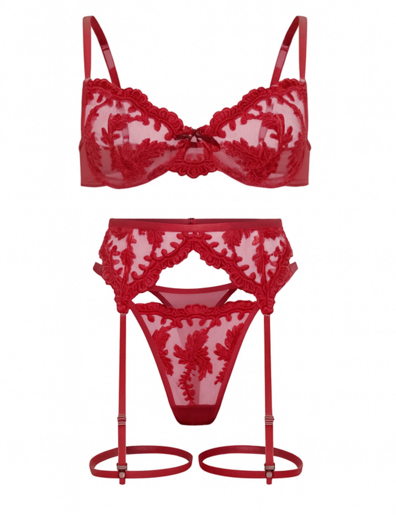 Orchibelle Set: Bügel-BH Besticktes Lingerie-Set aus Spitze – Dessous-Set mit Strapsen (Set, 4-tlg., BH + Tanga + Strumpfgürtel +Beinriemen) Elegante Reizwäsche – Damenunterwäsche für besondere Anlässe