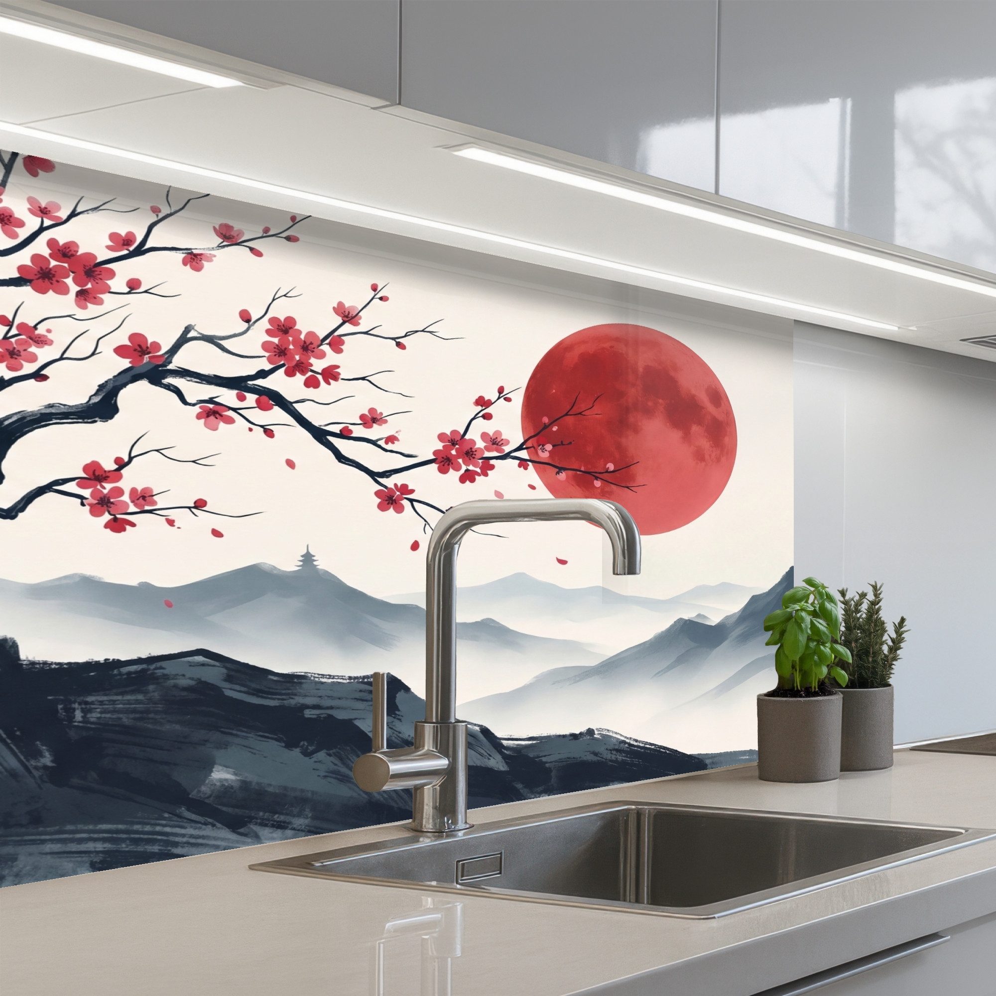 KitchenYeah Küchenrückwand selbstklebend (keine Folie) Kirschblüte - Orientalisch - Rot, (1-tlg), Spritzschutz, Küche, Rückwand, Küchenwand, Küchenfront, 80x60 cm