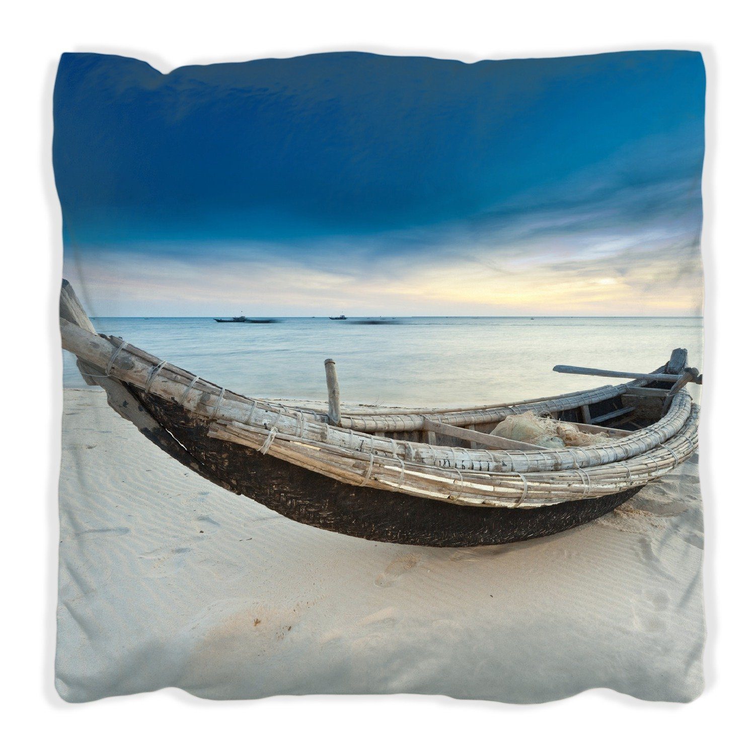 Strand Dekokissen Fischerboot Wallario mit Sonnenuntergang, am handgenäht