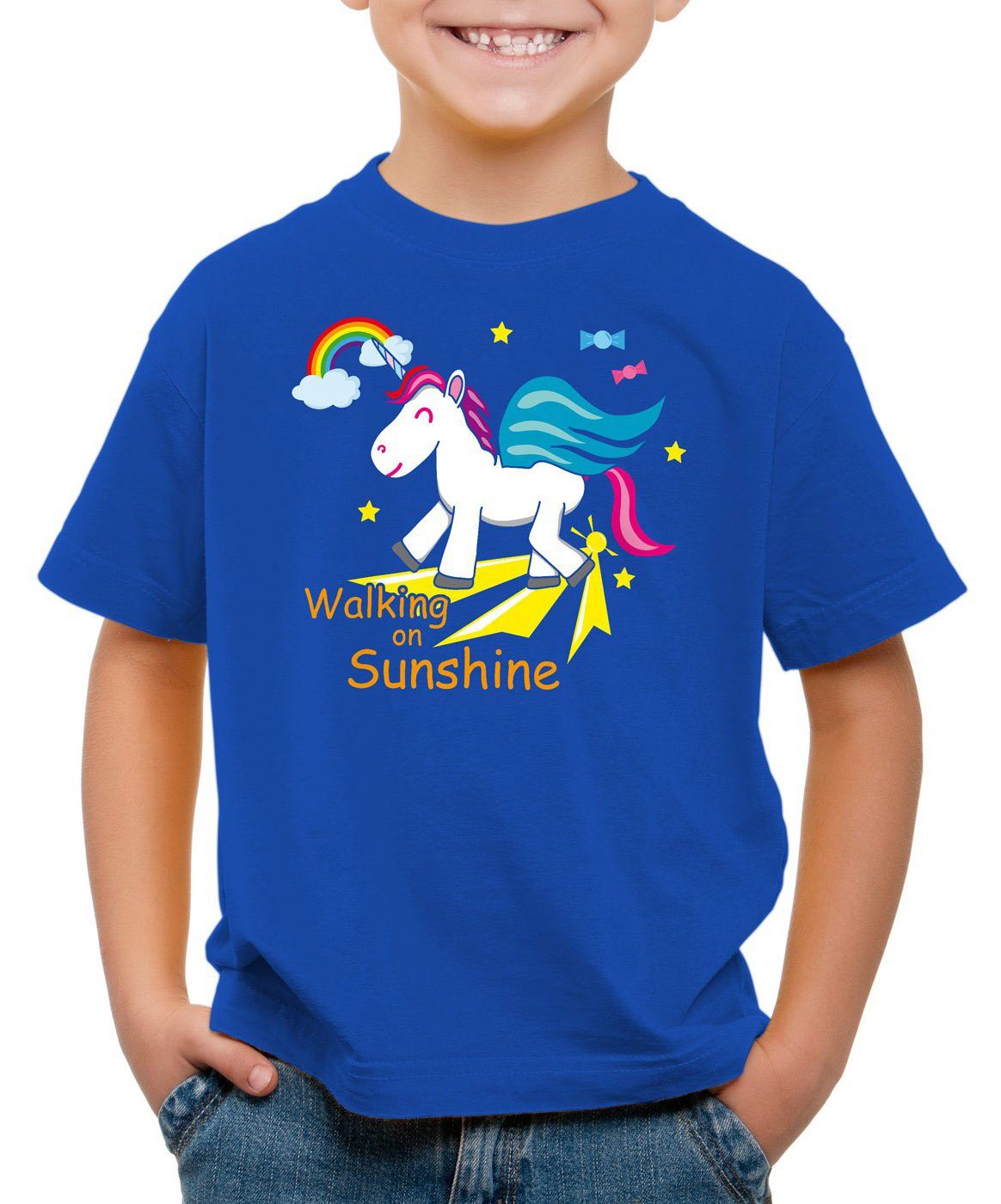 style3 Print-Shirt Kinder T-Shirt Unicorn Walking on Sunshine Einhorn Regenbogen Fun Spruch blau | T-Shirts