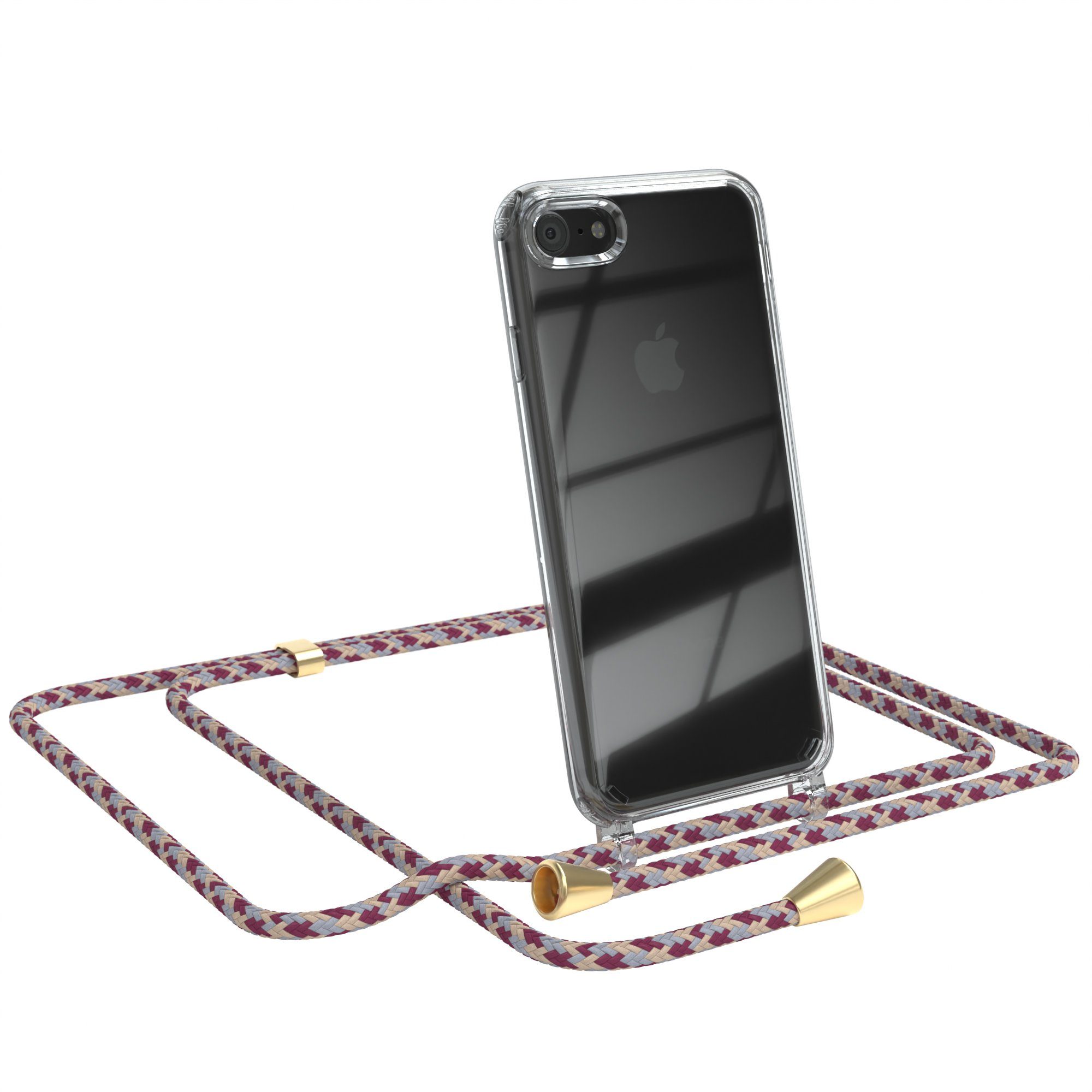 EAZY CASE Handykette Hülle mit Kette für iPhone SE 2022/2020 iPhone 8/7 4,7 Zoll, Hülle mit Umhängeband Bumper Case Hülle mit Band Rot Beige Camouflage