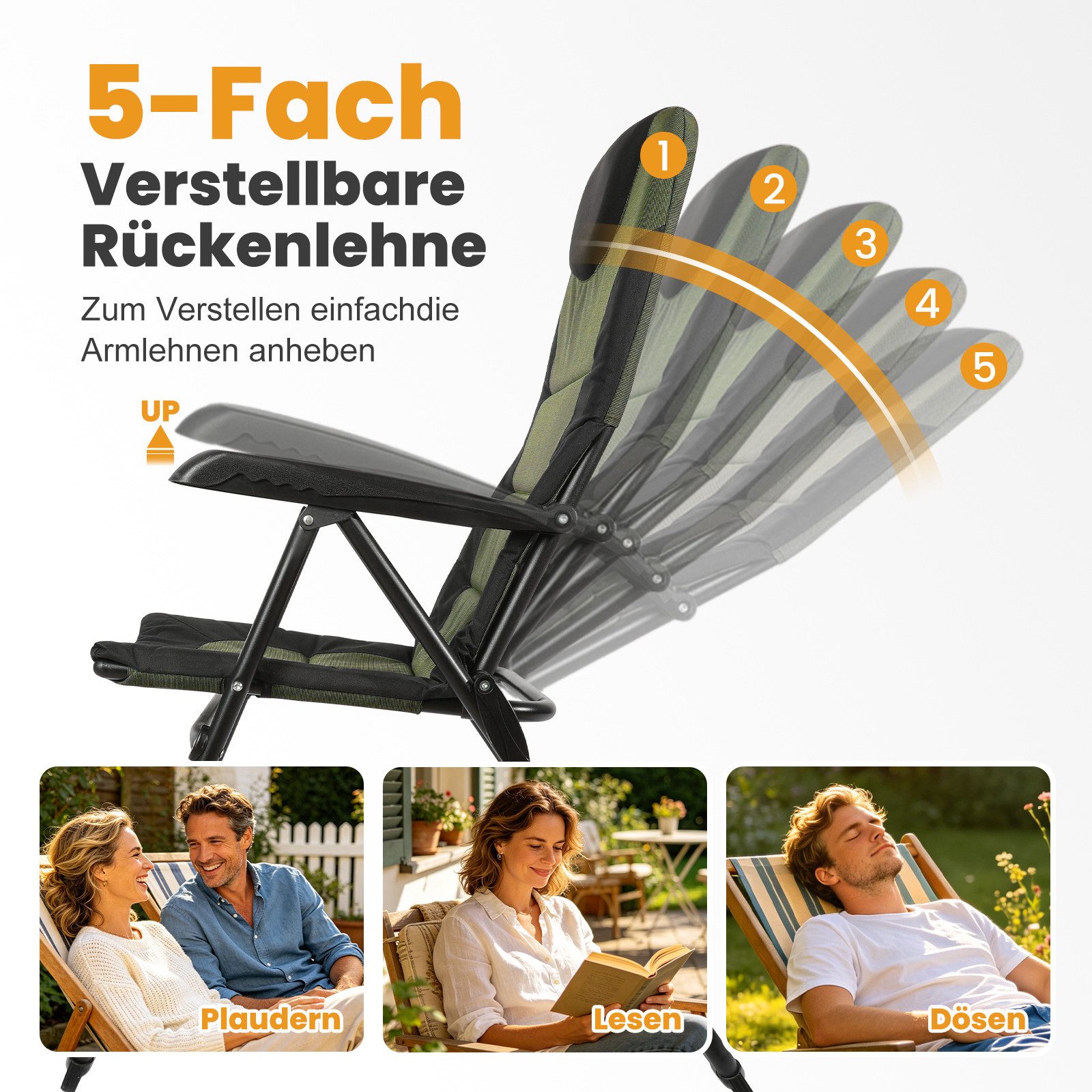 HOMECALL Campingstuhl Gartenstuhl Gepolsterter Klappstuhl für Wohnwagen Outdoors-150kg (2 St), Hochlehner Anglerstuhl mit 5-fach verstellbarer Rückenlehne – Bild 5 von 5