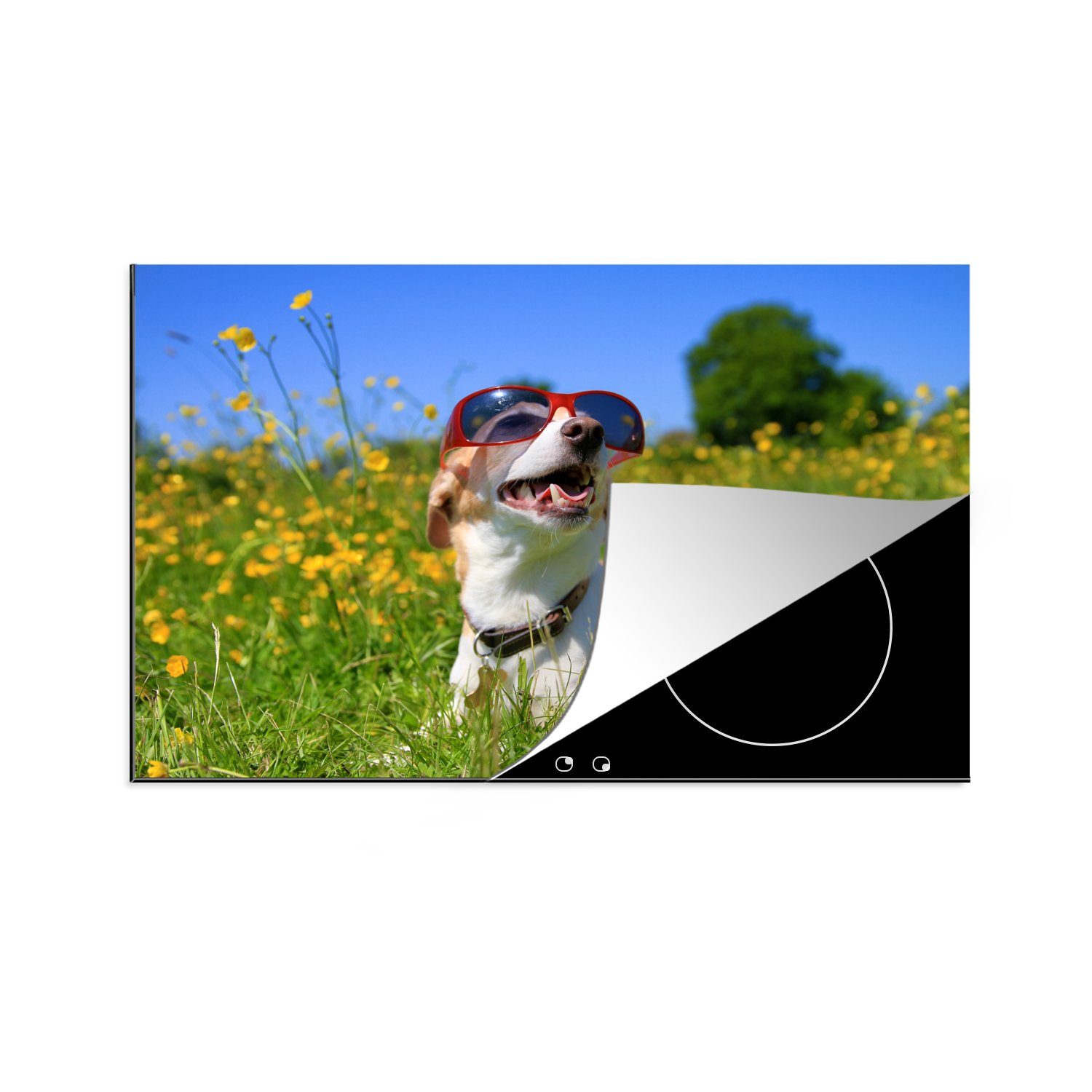 die Russel Sonnenbrille, (1 81x52 mit Schutz Herdblende-/Abdeckplatte für Hund cm, MuchoWow Ceranfeldabdeckung Vinyl, küche, Jack tlg), Induktionskochfeld