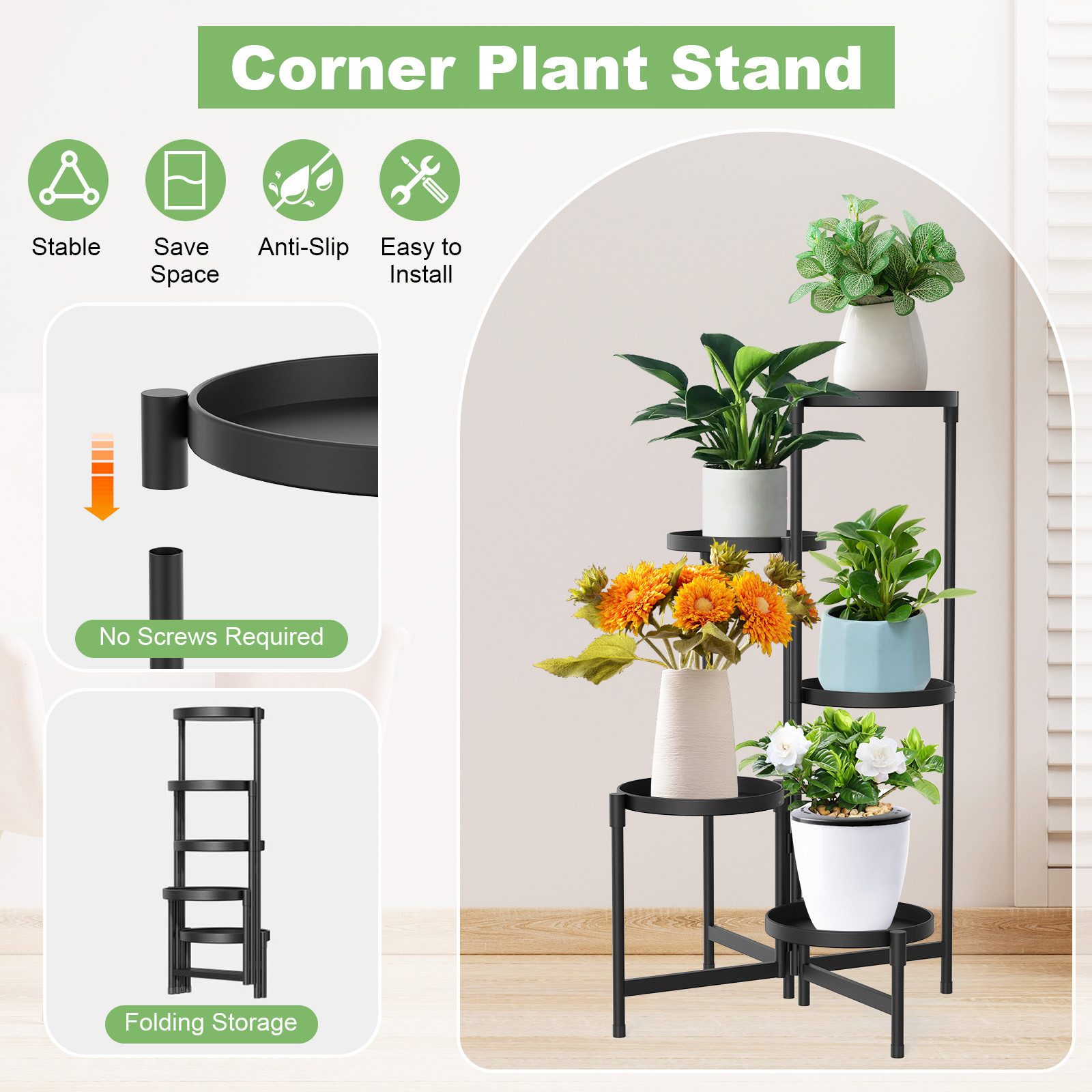 Sunicol Blumenständer 5 Etagen Metall Pflanzenständer Blumenregal, Pflanzenregal Outdoor, Pflanzentreppe für Zimmerecke, Wohnzimmer, Balkon, Terrasse, Hof – Bild 2 von 5