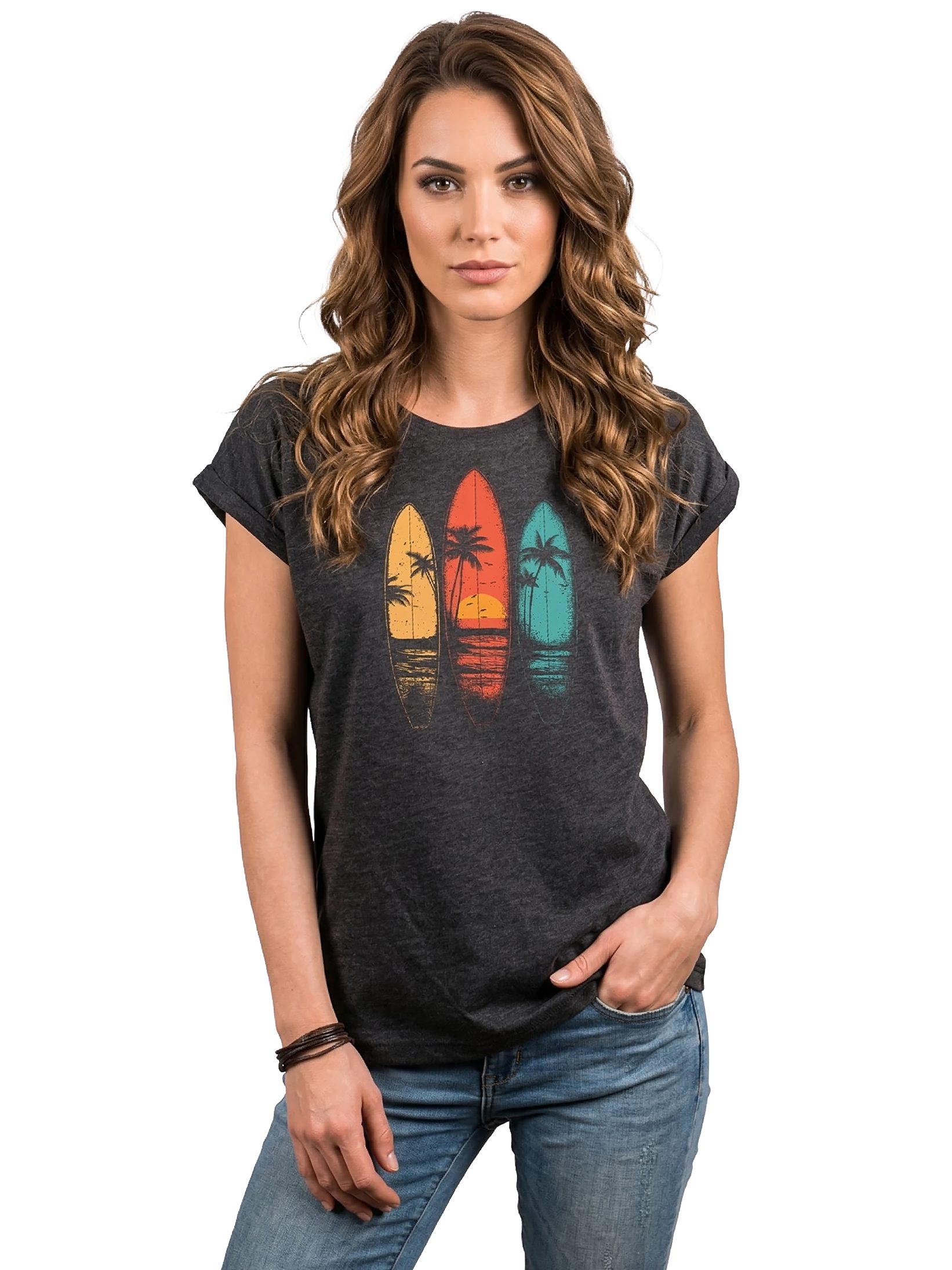 MAKAYA T-Shirt Vintage Damen T-Shirt mit Surfbrett-Print, Retro Surf-Motiv (Schwarz, Blau, Dunkelgrau, 34, 36, 38, 40, 42, 44, 46, 48, 50) Baumwolle