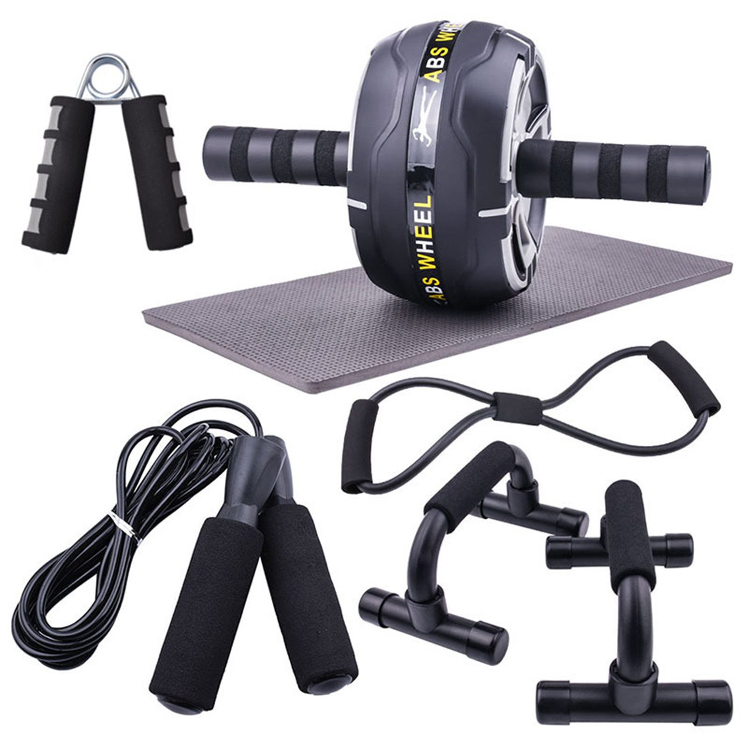 Refined Living Multitrainer 6-in-1 Bauchtrainer, Bauchmuskelmaschine, Bauchroller mit Kniepolster, (Springseil, Hochschieben Griffe, Abbildung 8 Fitnessbänder, Handtraine, Zuhause Fitness zubehör Handmuskeltrainer Trainingsgeräte Brusttrainer), für Zuhause, Geeignet für Anfänger, Fortgeschrittene und Profis