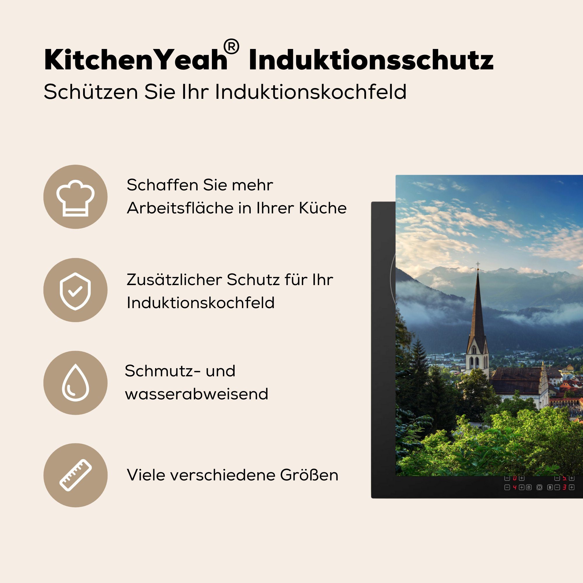 - Induktionskochfeld tlg), Vinyl, MuchoWow 81x52 (1 für Schutz Tirol Stadt küche, Wolken, - Herdblende-/Abdeckplatte die Ceranfeldabdeckung cm,