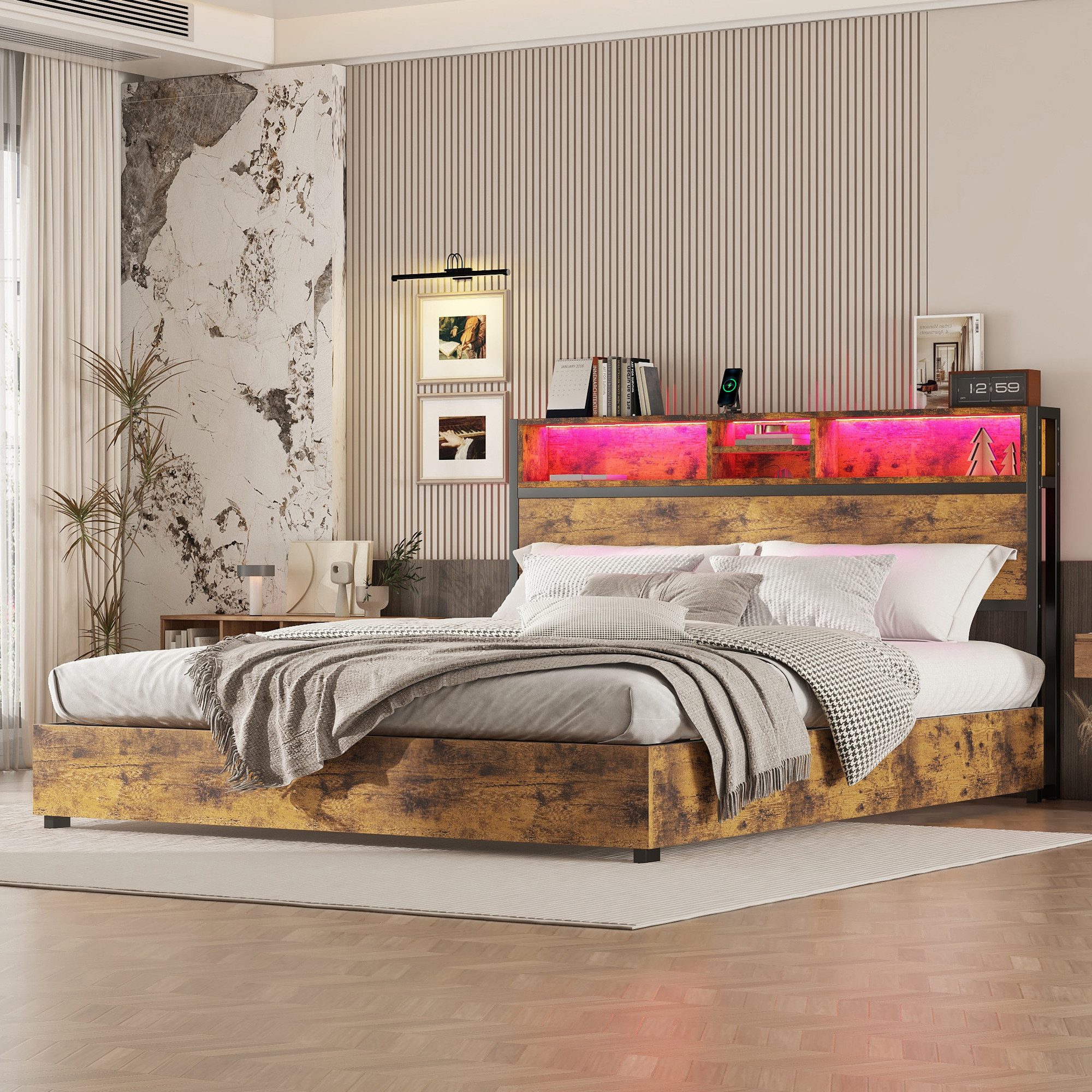 Flieks Holzbett, LED Hydraulisches Doppelbett mit günstig online kaufen
