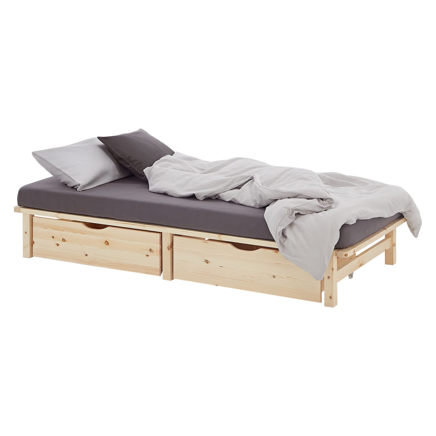 Homestyle4u Palettenbett 90x200 100x200 140x200 Holzbett Kiefer mit Stauraum mit Lattenrost (Set mit Lattenrost, 2x Bettkasten/Schublade), 100x200, naturbelassen