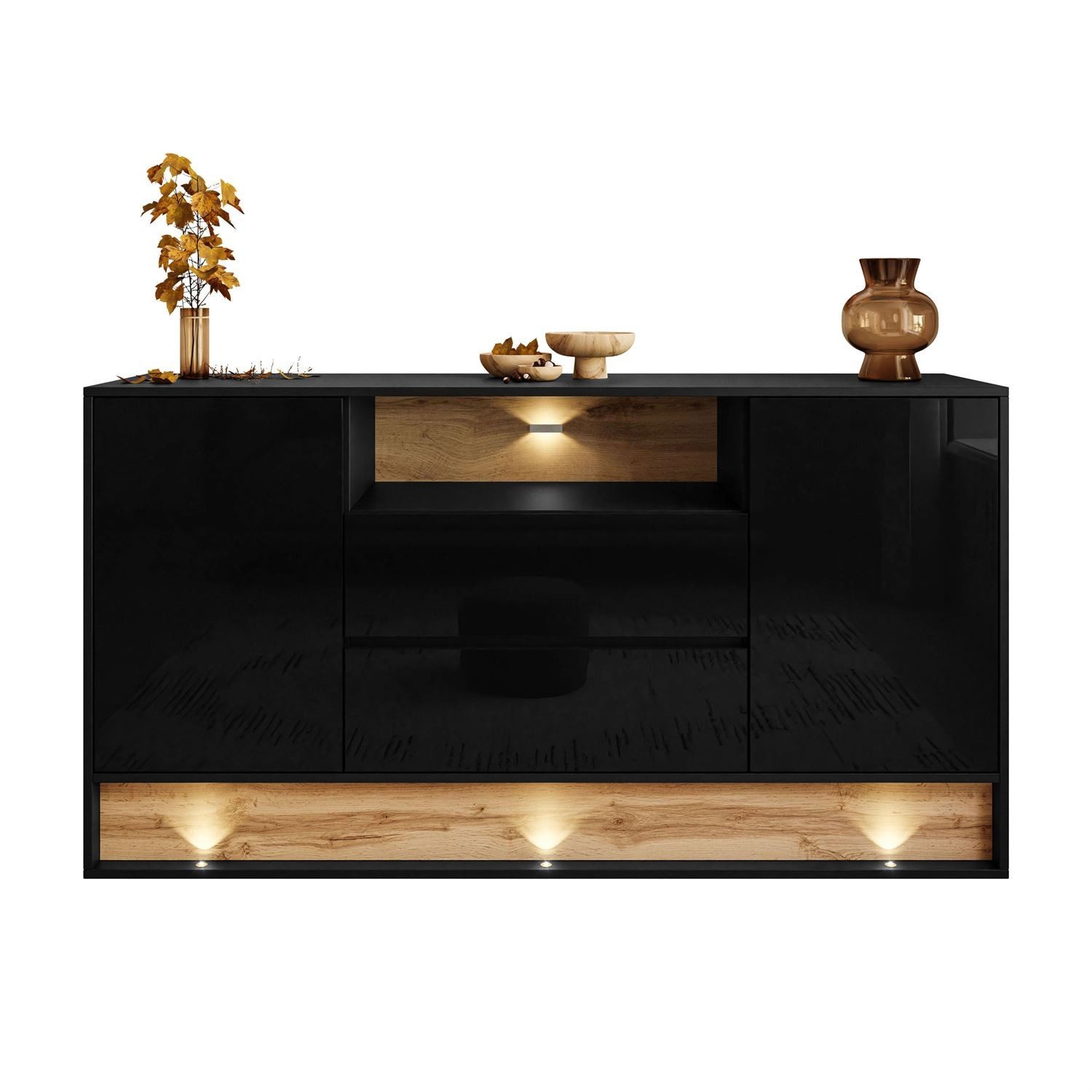 ALLHOUSE24 Kommode MILA 160 cm mit Einsatz aus Wotan Eiche Sideboard LED Beleuchtung, Breite 160 cm