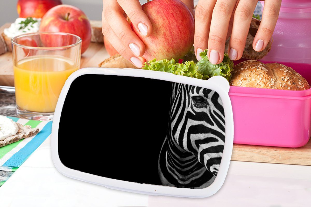 MuchoWow Kunststoff, Kunststoff Kinder, Mädchen, rosa - Snackbox, (2-tlg), - - Weiß, Schwarz Tiere Brotbox Lunchbox Zebra für Erwachsene, Brotdose