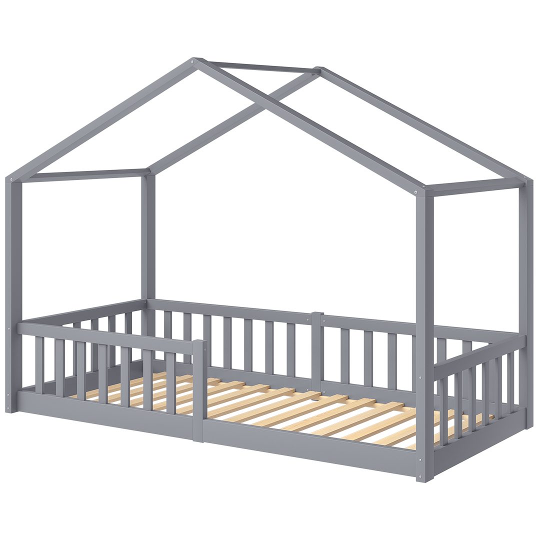 Bellabino Hausbett Kinderbett Bia mit Lattenrost (hellgrau, mit Matratze), Bodenbett mit Rausfallschutz, verfügbar in 80x160 & 90/120/140x200 cm