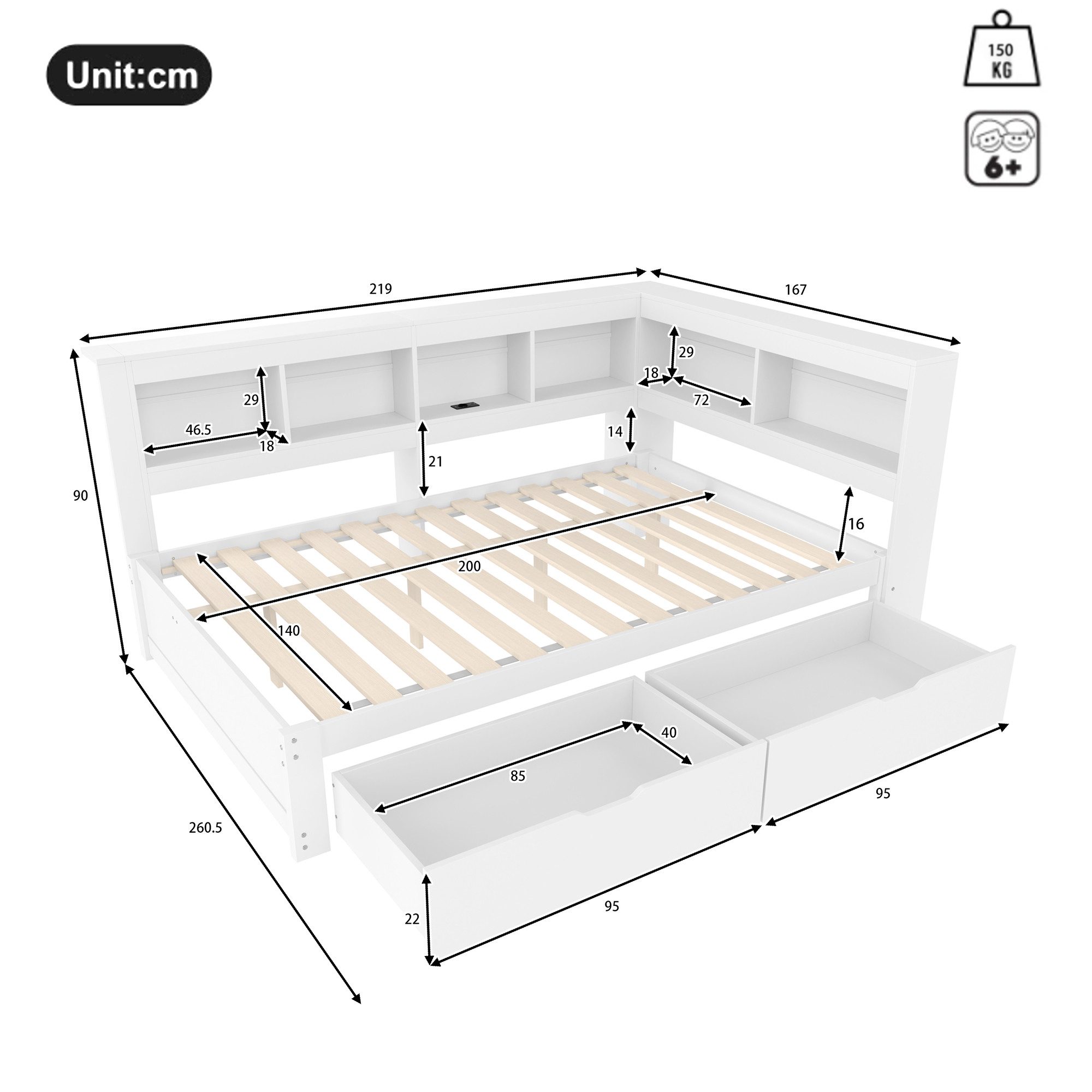 Merax Daybett mit Steckdose und 2 USB-Anschlüssen (Kiefer Sofabett Kinderbett Jugendbett, 1 tlg), Schlafsofa Tagesbett 140x200cm mit 2 Schubladen, Regale und St – Bild 5 von 5