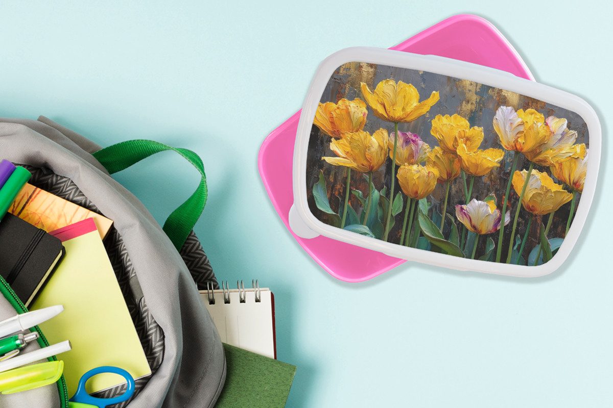 MuchoWow Lunchbox Tulpen - Gelb - Pinselstriche - Abstrakt, Kunststoff, (2-tlg), Brotdosen, Lunch Box, Brotbox für Kinder und Erwachsene