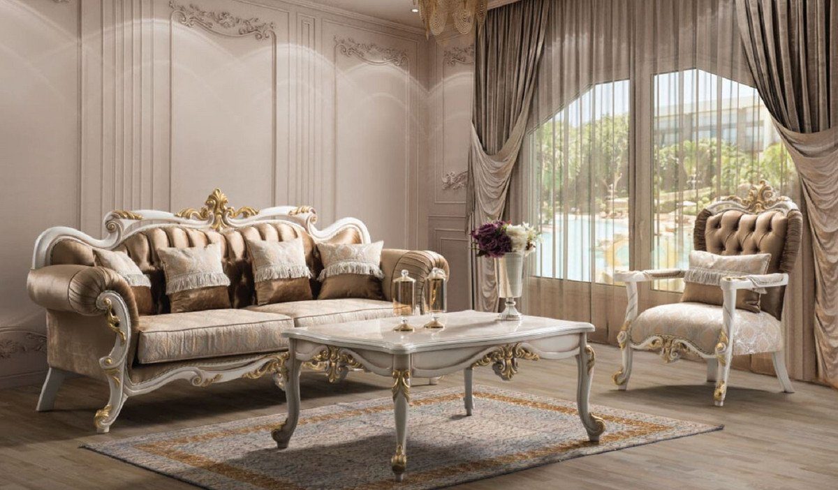 Casa Padrino Sessel Sessel - Barock Wohnzimmer elegantem / Prunkvoller Gold Muster Silber - Möbel Sessel / Barock Braun Weiß / mit Luxus