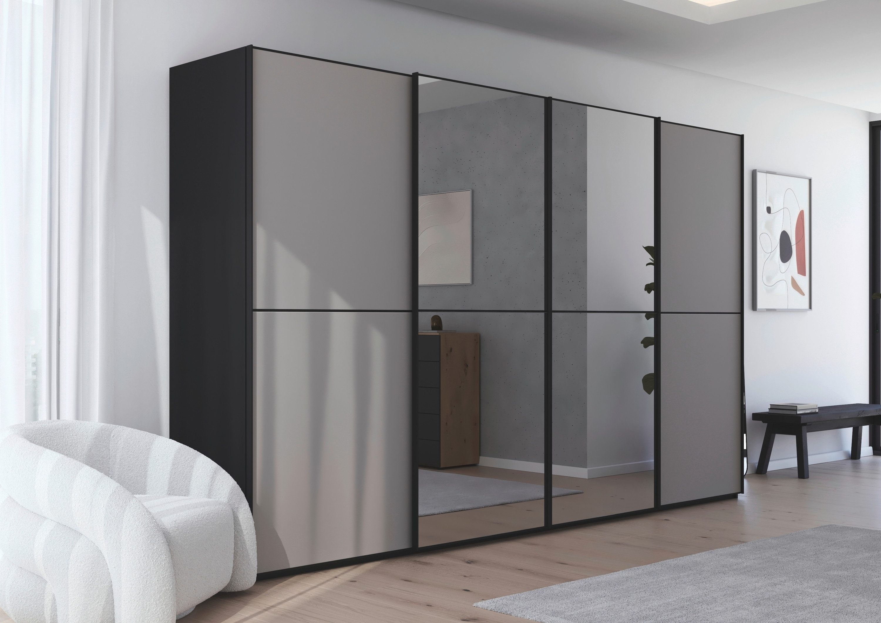 rauch Schwebetürenschrank Kleiderschrank Schrank Garderobe Schlafzimmerschrank SCALE-DUO edle zweigeteilte Türen Spiegel/Glas-Mix 3 Zierleisten MADE IN GERMANY