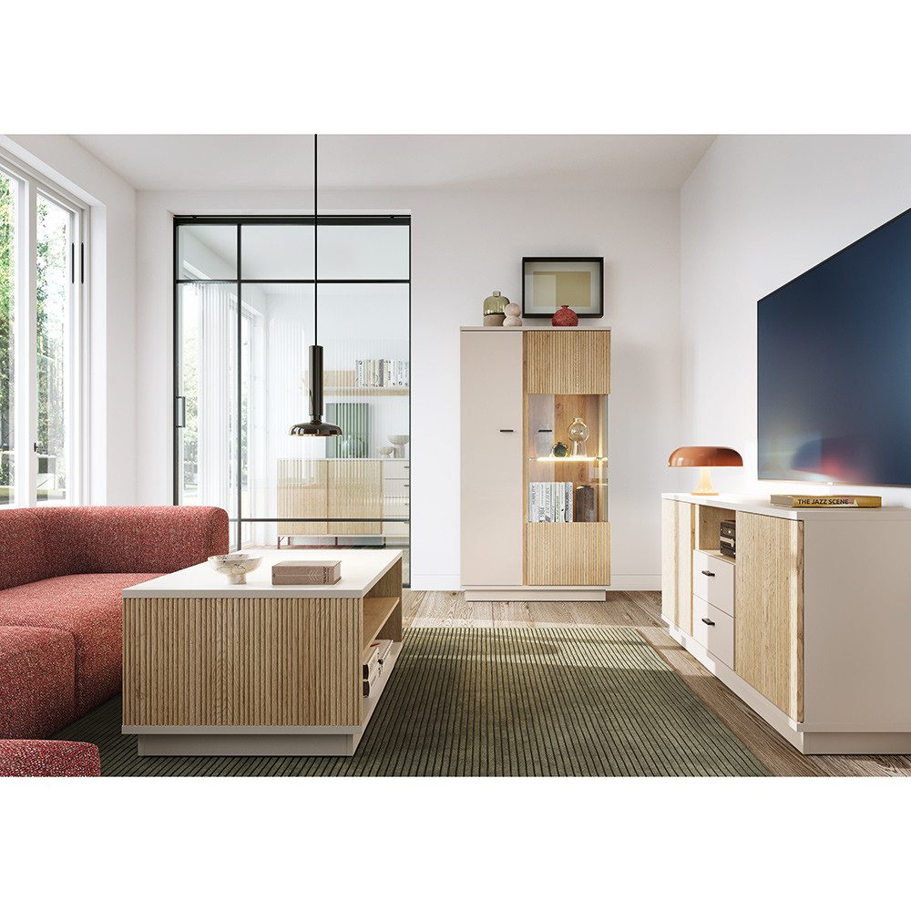 Lomadox Wohnzimmer-Set MOLINA-129, (Mega-Spar-Set, 3-St., Highboard Lowboard Couchtisch), Wohnzimmermöbel in Eiche & kaschmir mit Softclose & LED-Beleuchtung