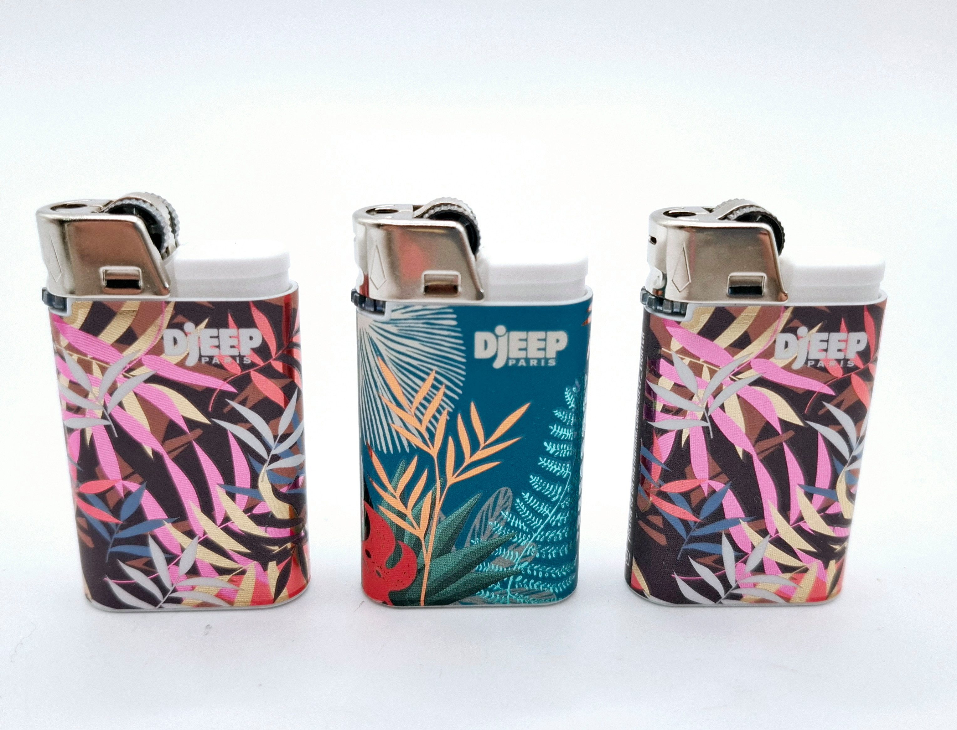 DJEEP Feuerzeuge im 3er Set - wiederverwendbar und verstellbarer Flamme (3-St., 3), Motive zum Auswählen "Graffiti", "Wave", "Palm", "Glow"
