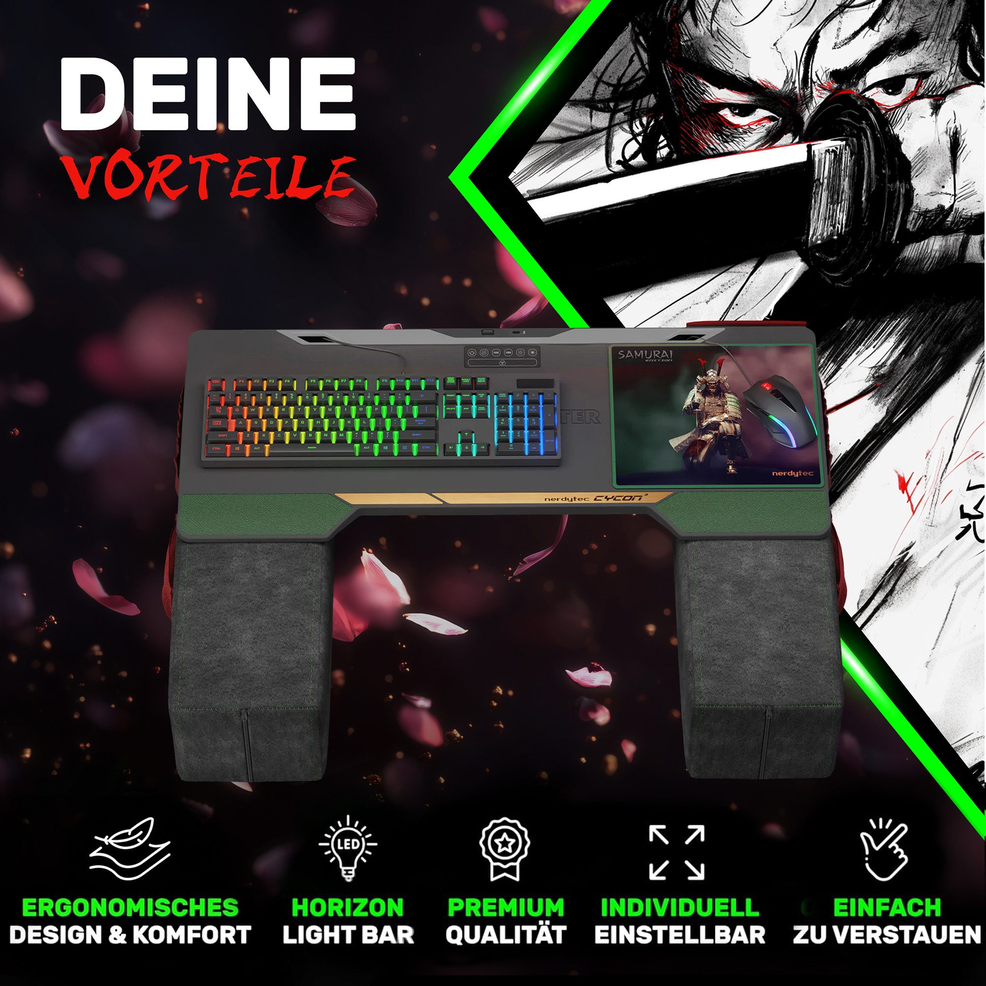 COUCHMASTER Computertisch Couchmaster CYCON³ Samurai Edition - Ergonomisches Gaming Lapdesk (1 Samurai Design Lapoard, 2 Kissen)