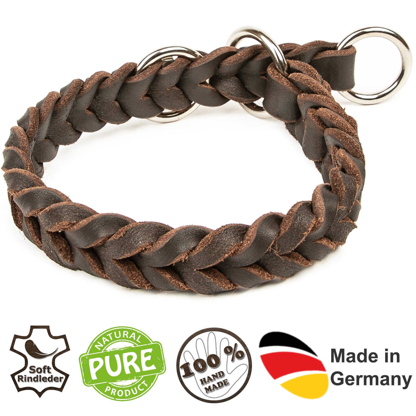 CopcoPet Hunde-Halsband Fettlederhalsband mit Zugstopp Ring, Verchromt, Leder, Geflochten, Handarbeit