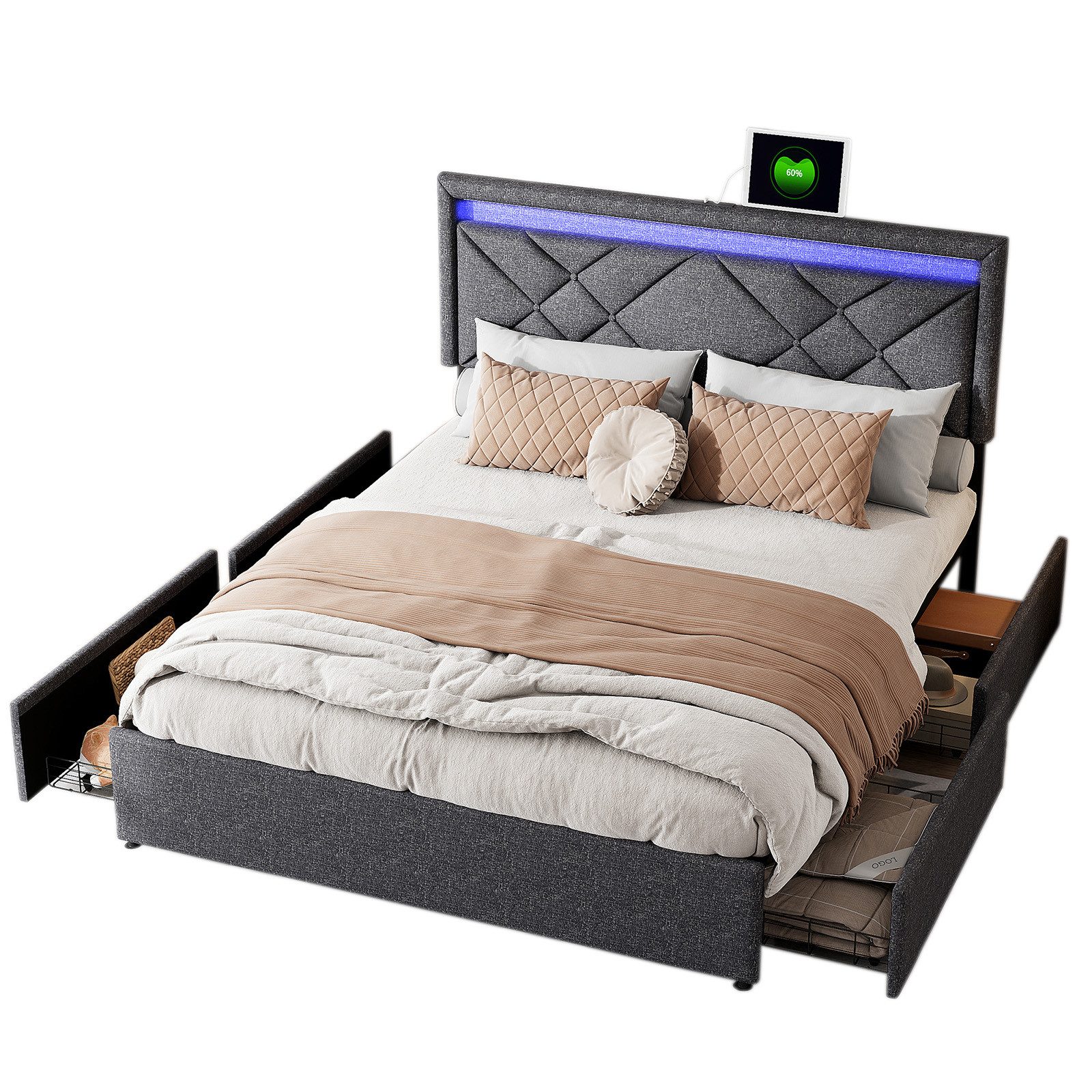 FUROKOY Stauraumbett Polsterbett Doppelbett mit LED-Beleuchtung günstig online kaufen