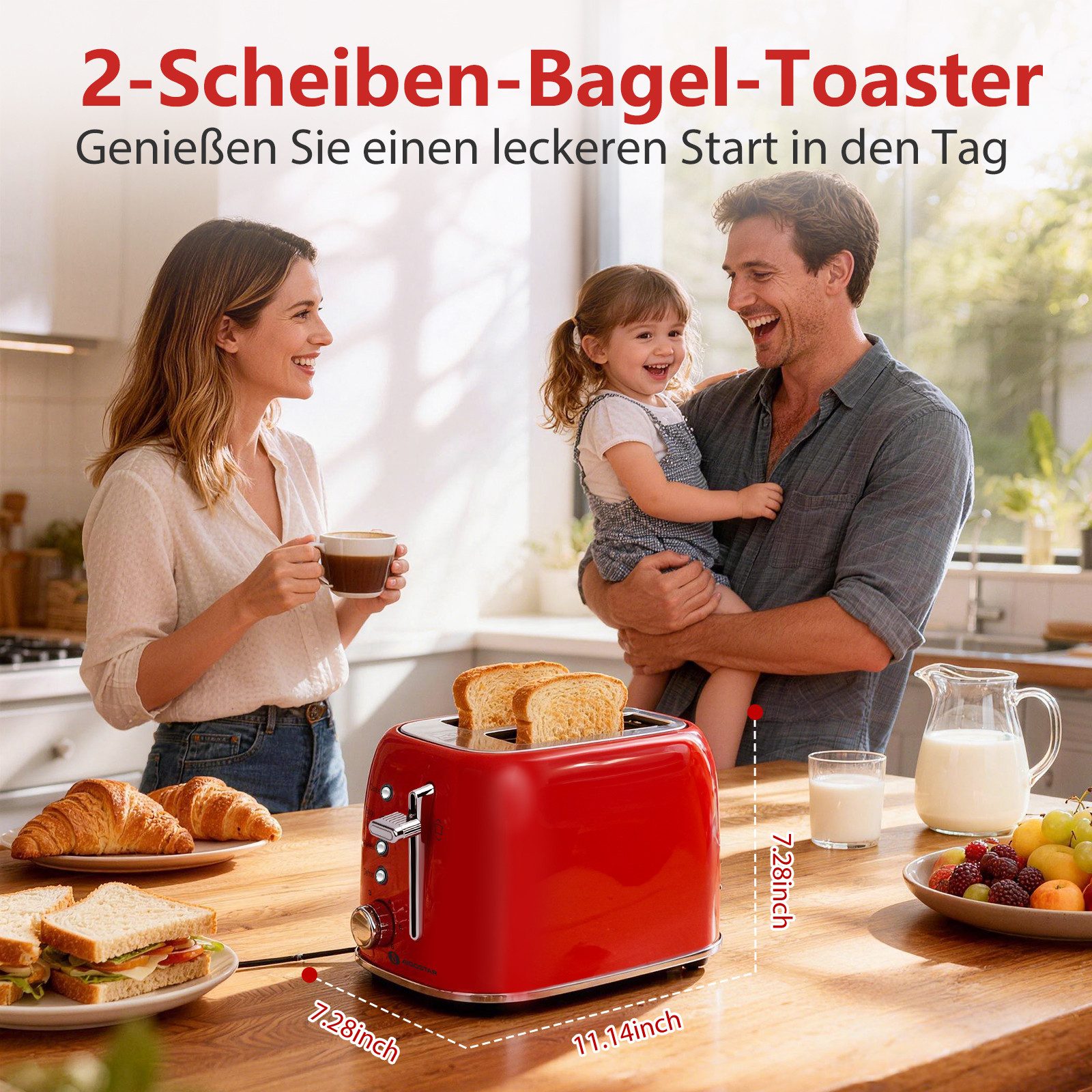 Aigostar Toaster Retro Edelstahl Toaster, 4 Funktionen, 6 Bräunungsstufen, 2 kurze Schlitze, für 2 Scheiben, 800 W, Extra Breite Toastschlitze, Liftfunktion