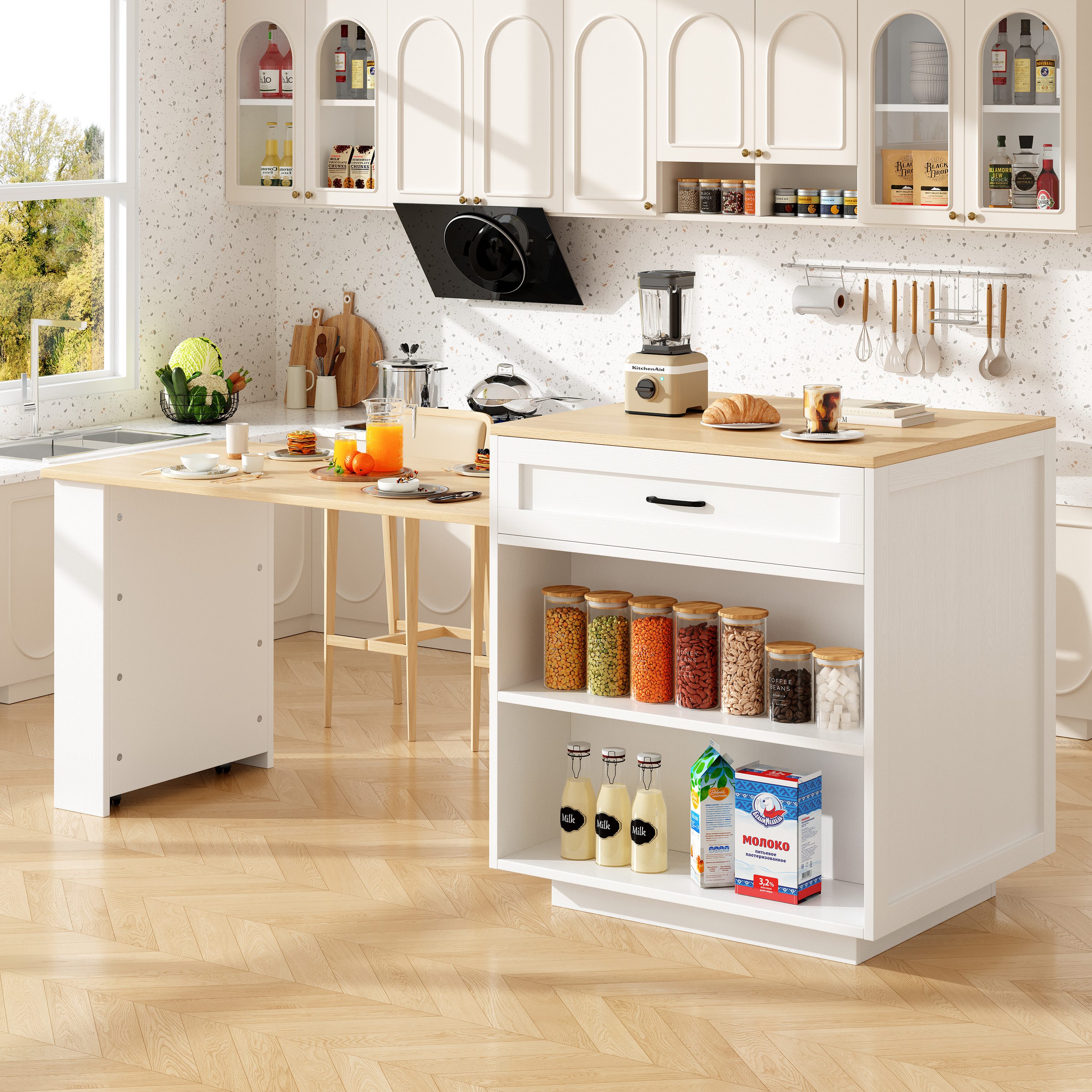 Flieks Kücheninsel mit ausziehbarer Esstisch, Küchenschrank mit Arbeitsplat günstig online kaufen