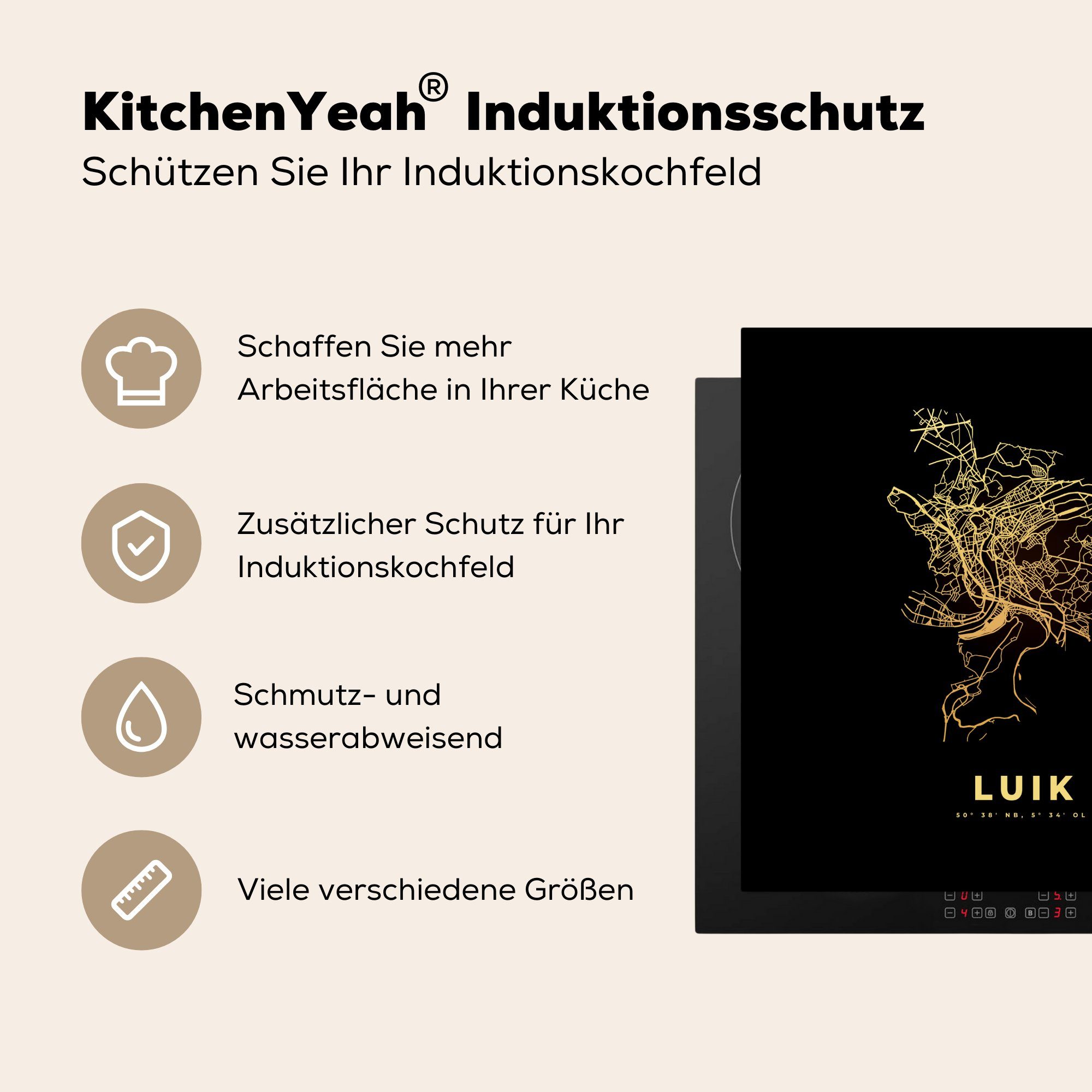 78x78 MuchoWow Arbeitsplatte Karte Lüttich, Belgien Herdblende-/Abdeckplatte (1 Stadtplan Ceranfeldabdeckung, - Karte Vinyl, - - cm, tlg), Gold - küche - für