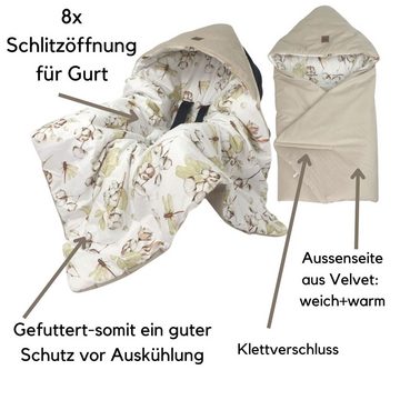 Babymajawelt Fußsack Fußsack Velvet Blätter puderrosa 1177- Baby Autositz Einschlagdecke (1-tlg), 8-fache Gurtschlitze, Groß, schützt vor Kälte und Wind, Made in EU