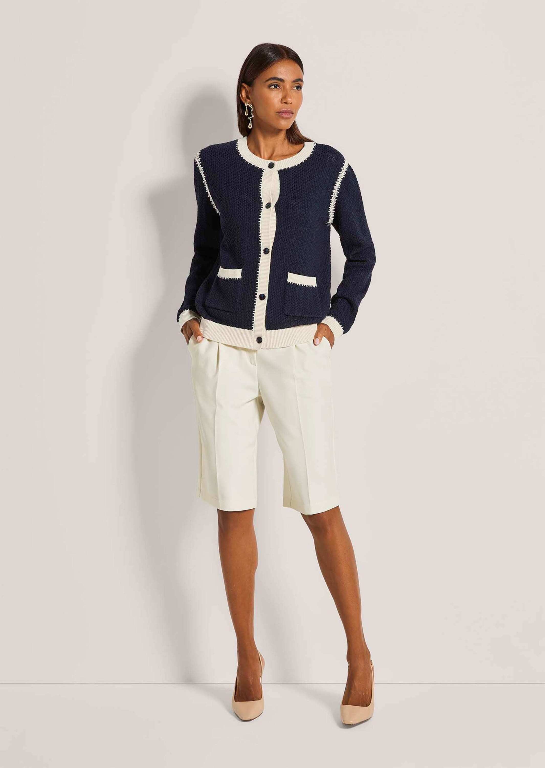 MADELEINE Strickjacke Langarm Cardigan mit Zopfmuster, Kaschmir-Mix Leichte Sommerjacke mit Rundhalsausschnitt, kontrastfarbenen Akzenten