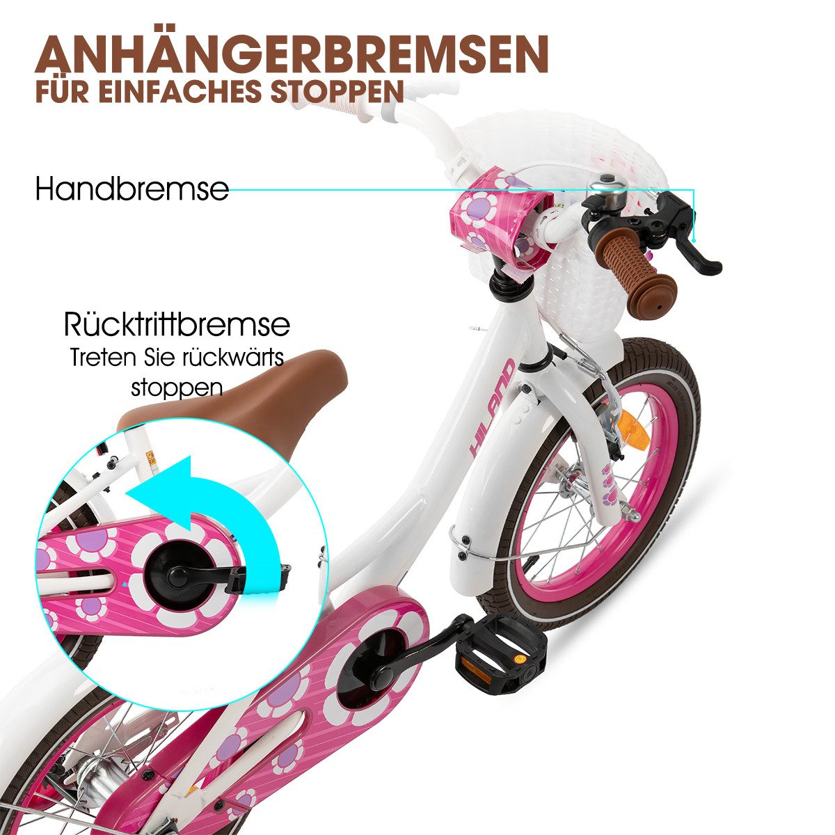 HILAND Kinderfahrrad Petal 12/14/16 Zoll Mädchenfahrrad, Kinderfahrrad für Mädchen, mit Korb und Stützrädern, Kotflügel, Hilfsrad, Fahrradklingel