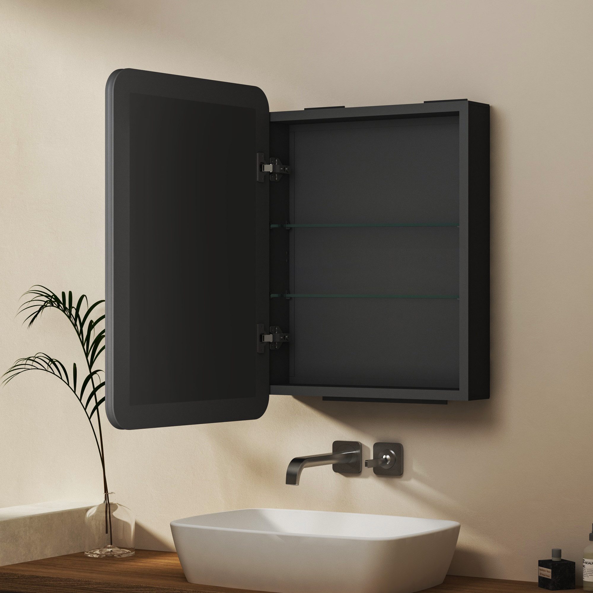 WDWRITTI Spiegelschrank Alu Metall Badezimmerspiegelschrank 1 türig Rechteckig (Badschrank Hängeschrank Schwarz, 50,8 x 12,5 x 71,1 cm) vormontiert geliefert, Wandbohrungen