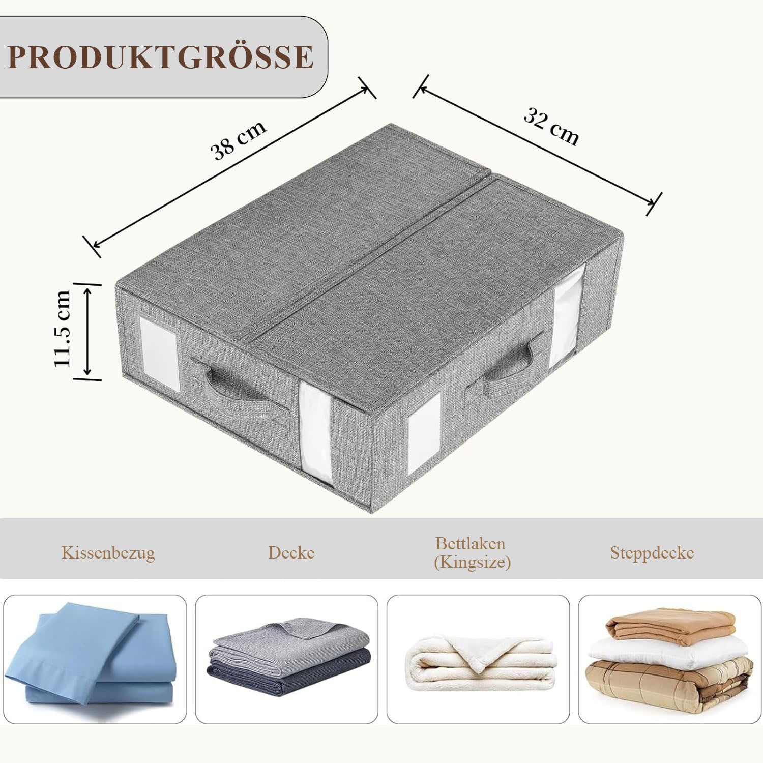 HEYHIPPO Aufbewahrungsbox 2er Set faltbare Bettlaken-Organizer,Unterbett Aufbewahrungsboxen,grau (Set, Wasserfester Unterbett-Organizer mit Reißverschluss, 38×32×11,5 cm), Leinen-Bettwäschebox mit Tragegriff, atmungsaktiv & Sichtfenster