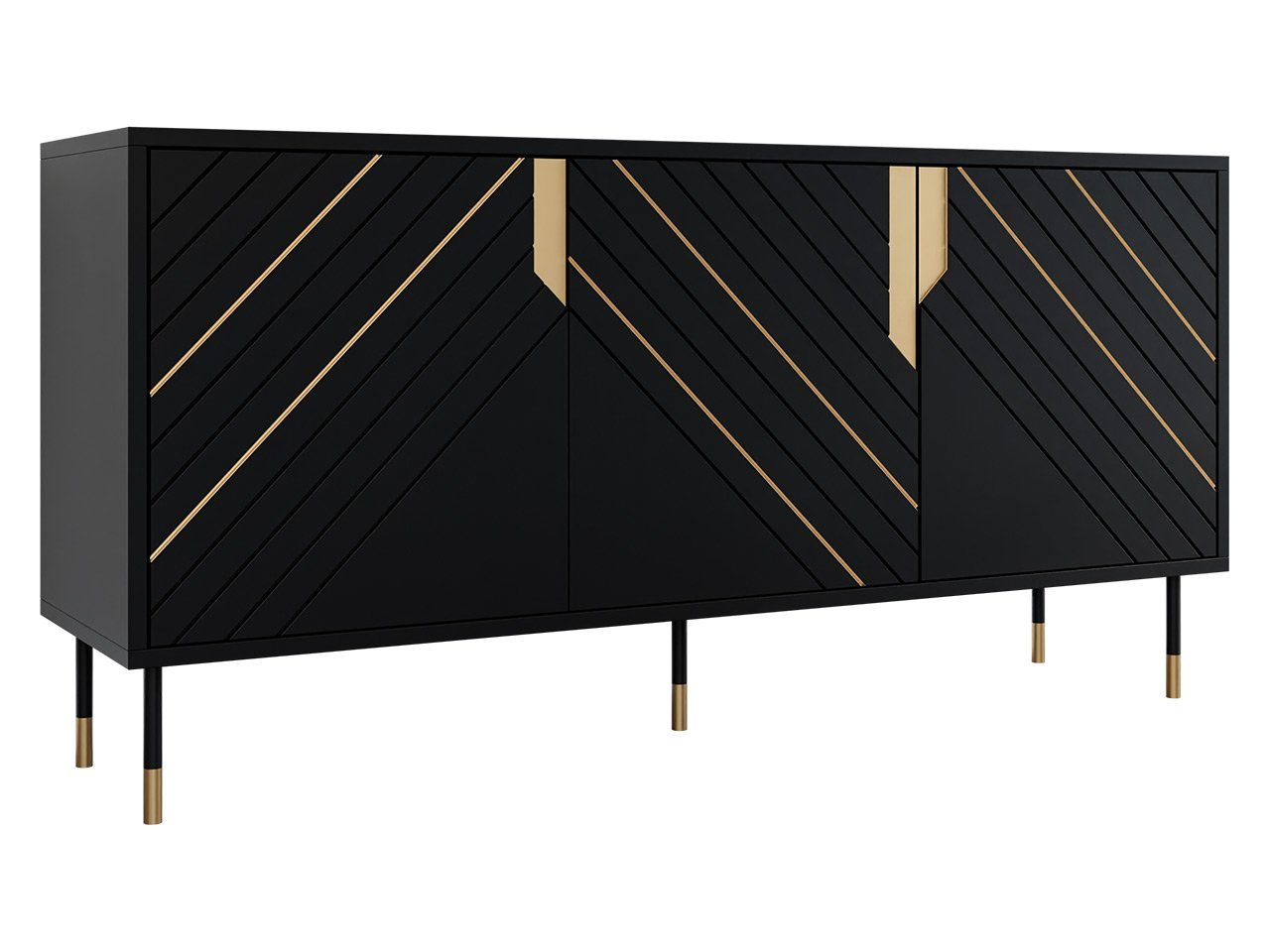 MIRJAN24 Kommode Mountain 3D 150 (mit drei Drehtüren), Metallfüße, 154x40x72 cm, Dekoration in der Farbe Gold