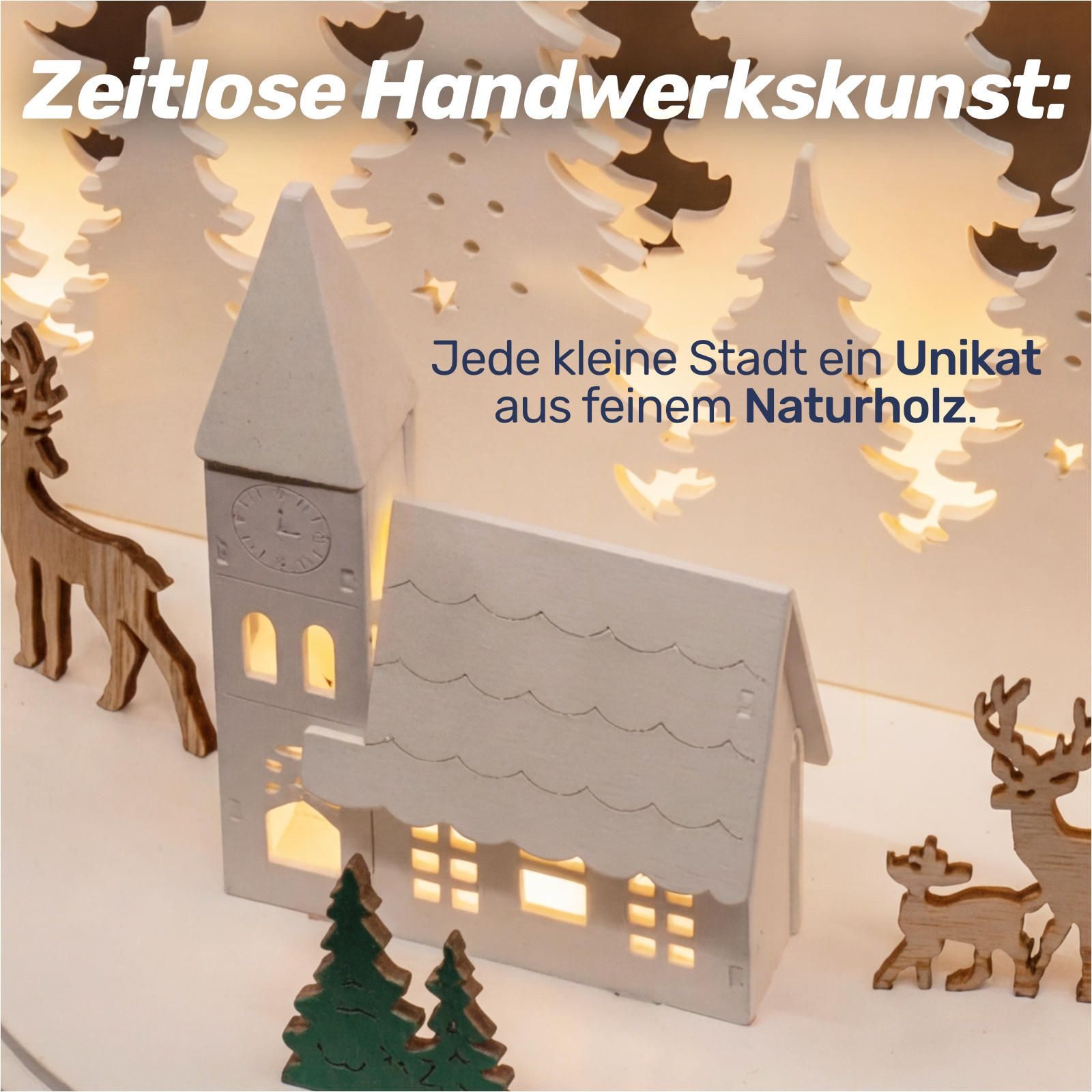 Gravidus Weihnachtsdorf Beleuchtete LED Weihnachtsstadt mit Rentieren Weihnachtsdeko