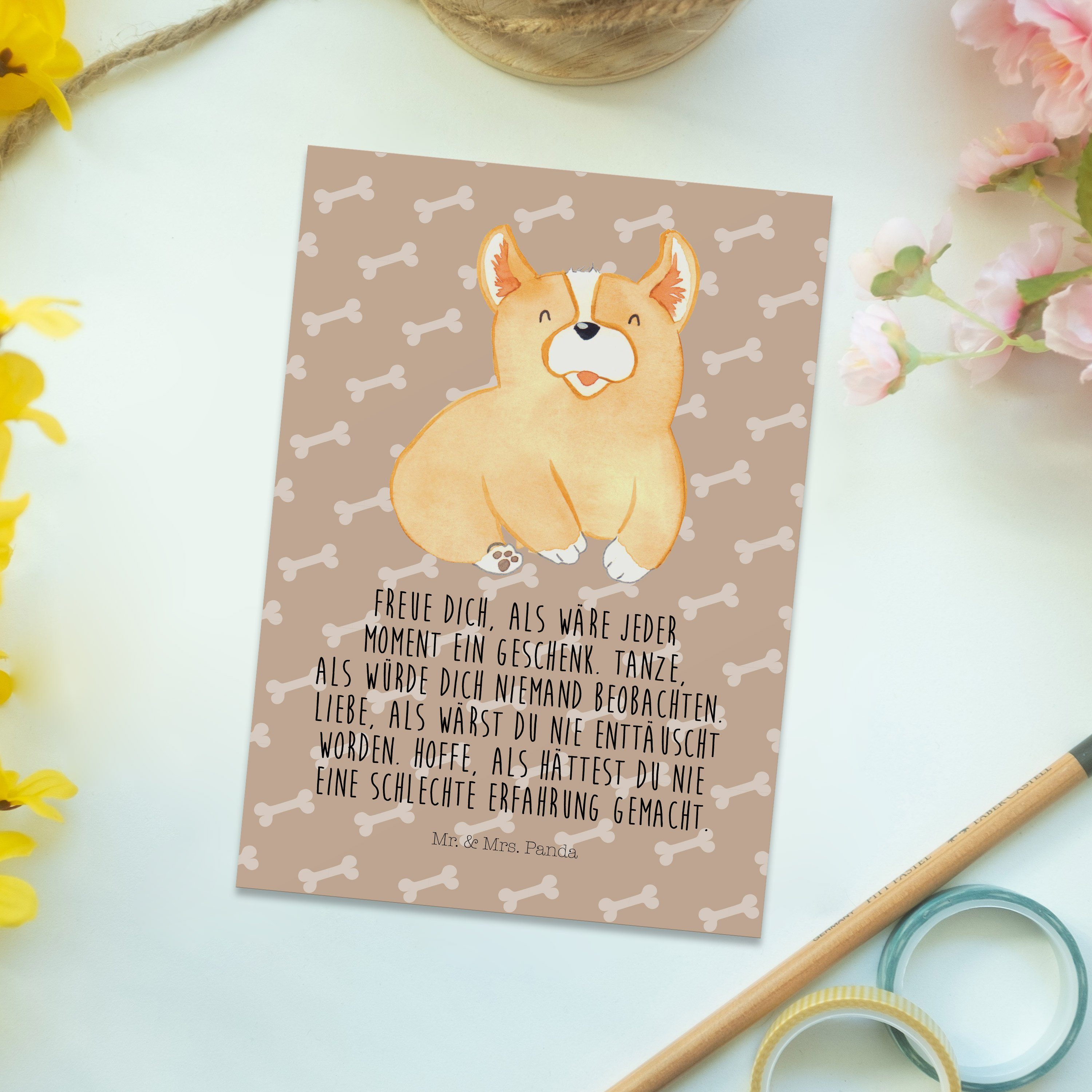 Hundeglück & Corgie Postkarte Ei - - Haustier, Mr. Mrs. Panda Dankeskarte, Geschenk, Motivation,