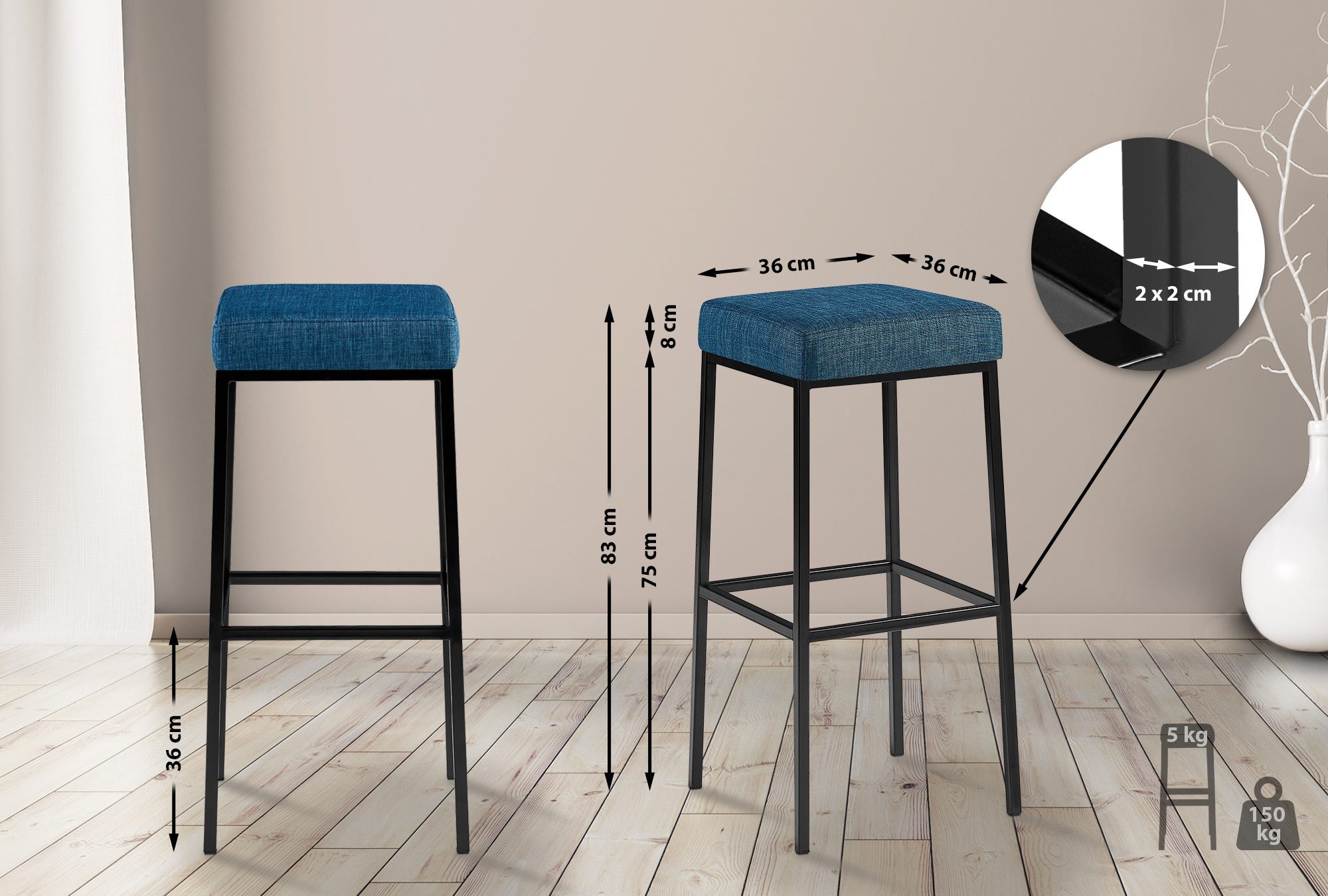 CLP Barhocker Montreal 80 Stoff (2er Set, 2 St., 2er), Stoffbezüge, mit stabilen Metallgestellen