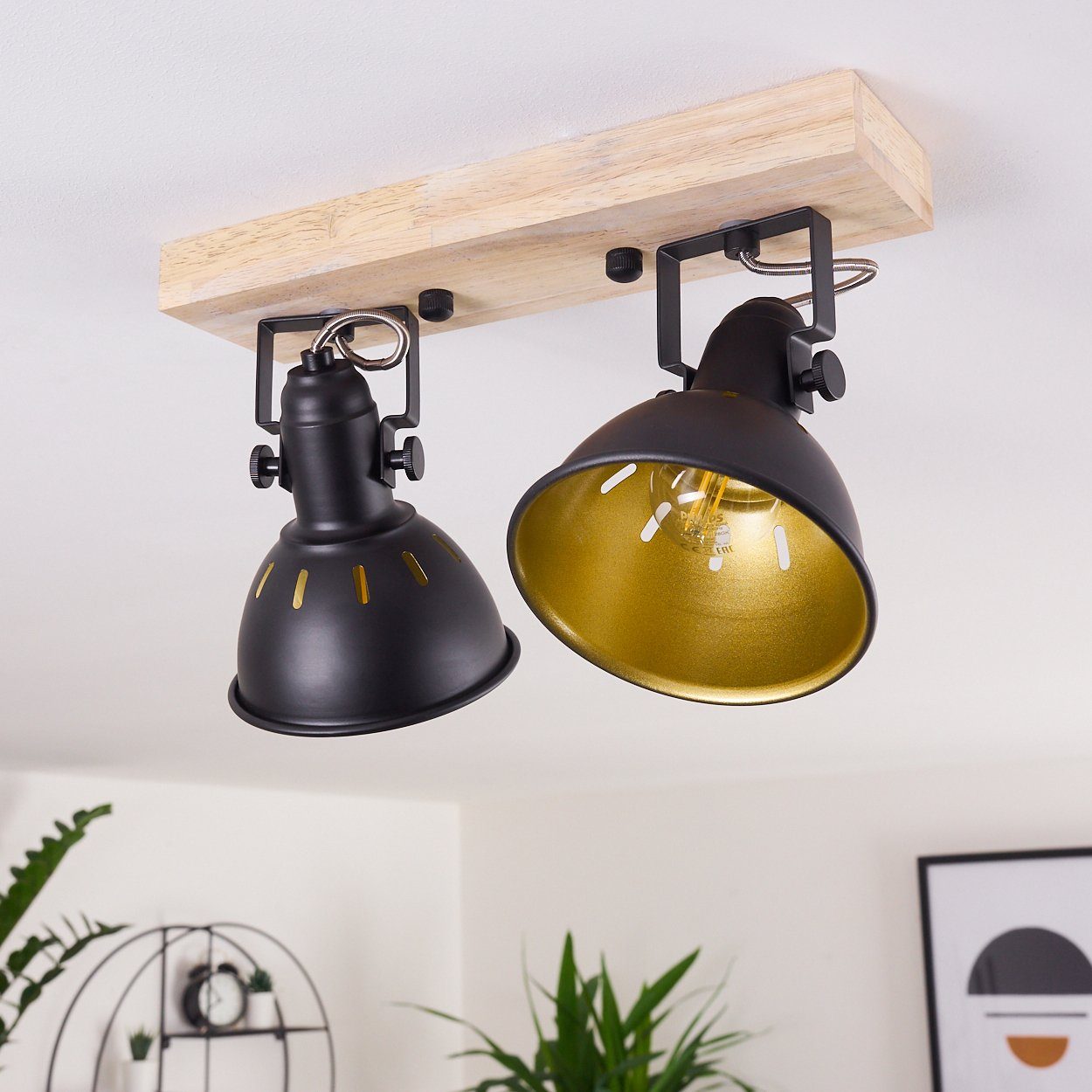 hofstein Deckenleuchte »Arazane« 2-flammiger aus Metall schwarz-gold und Holz, ohne Leuchtmittel, Retro Deckenlampe, 2xE14, die Leuchtenköpfe sind dreh-/schwenk – Bild 2 von 5