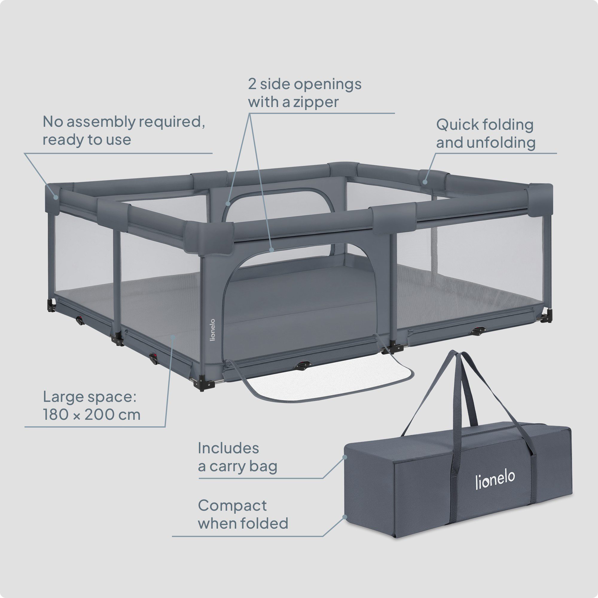 lionelo Laufgitter FLORENCE XL EASY FOLD (2-teiliges Set), 180×200 cm/2 Einstiege/Netzwände/Tasche – Bild 2 von 5