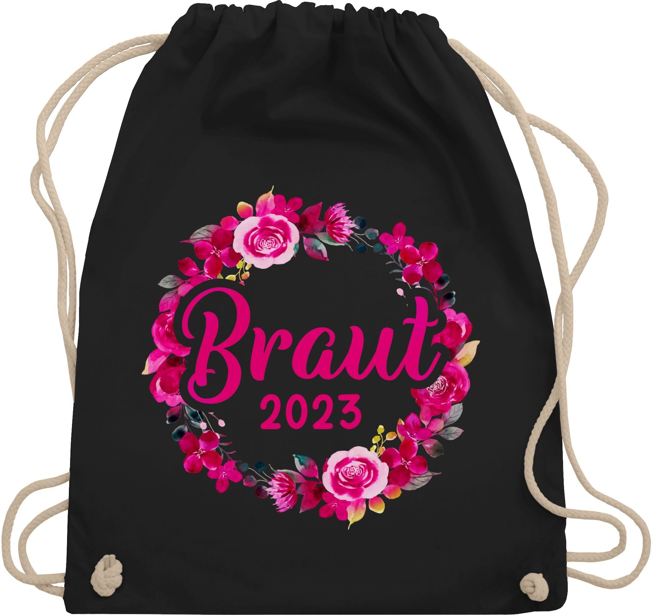 Turnbeutel 2023 Braut Junggesellenabschied Frauen JGA Blumenkranz, Schwarz Shirtracer 03