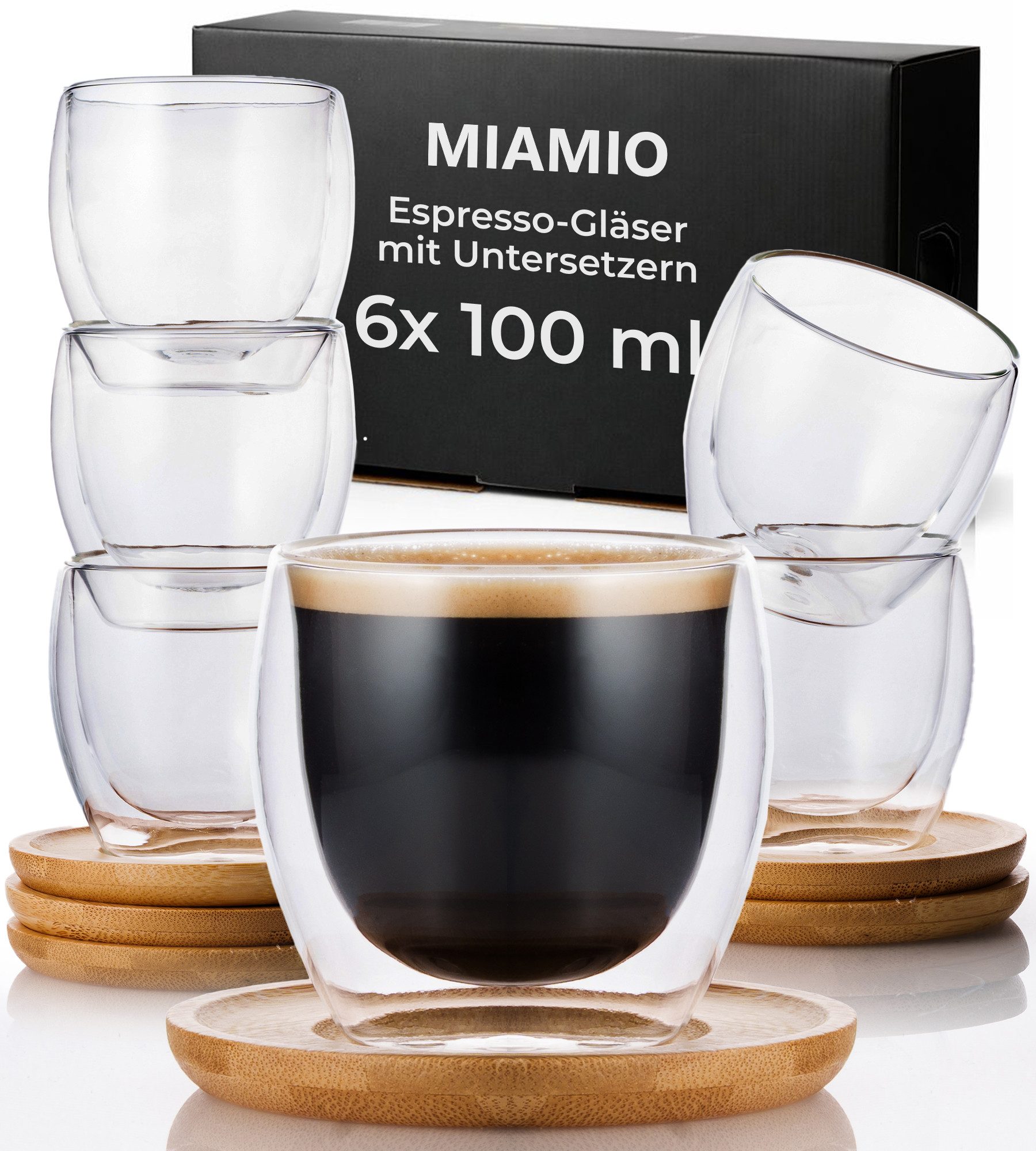 MiaMio Thermoglas Espressotassen 6er Set – doppelwandige Kaffeegläser – ohne Henkel, 6-tlg.