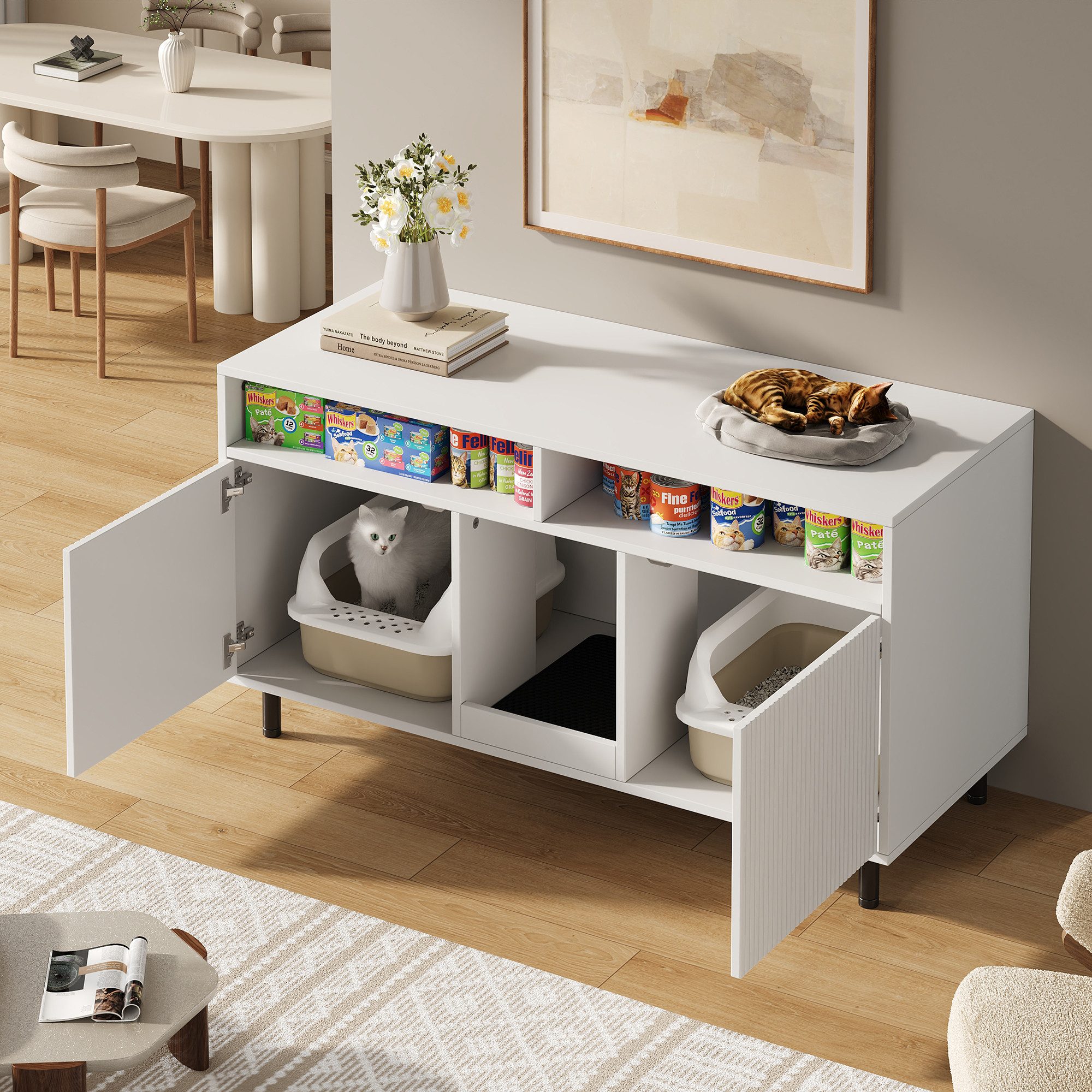 Flieks Mehrzweckschrank mit Sandauffangmatte, Ablage (Sideboard, TV-Schrank, 1-St., 120x50x66 cm) Katzentoiletten, Katzenstreuwanne-Schrank Haustier-Schrank Weiß