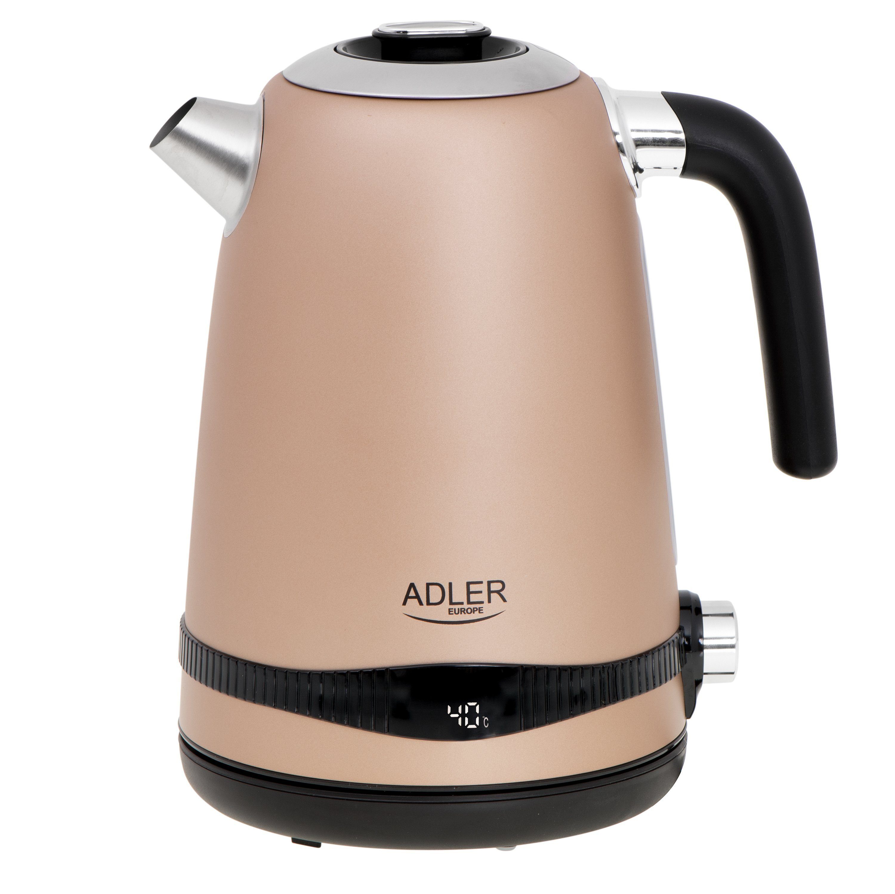 JUNG Wasserkocher ADLER AD1295G Wasserkocher mit Temperatureinstellung Digital Kettle, 1,7 l, 2200,00 W, Edelstahl LCD Display 360° Basis, Wasserkessel Wasser kochen Kettle