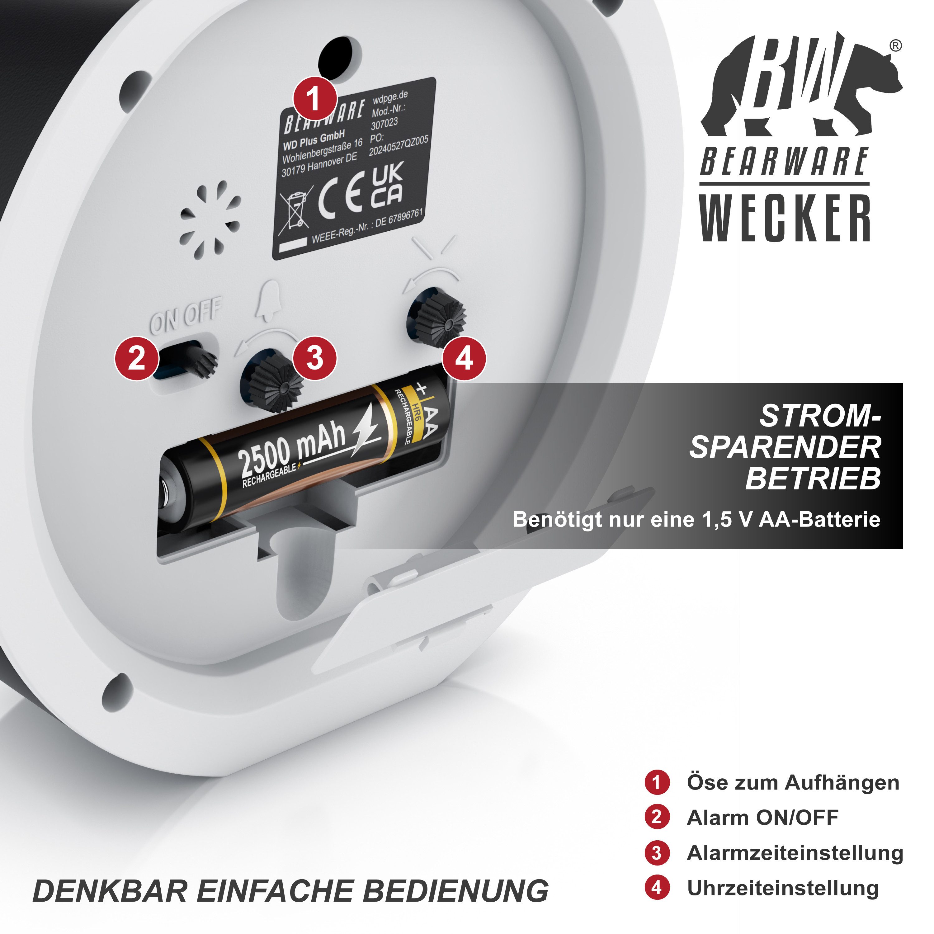 BEARWARE Wecker rund, lautes Klingeln, großes Ziffernblatt, ohne Ticken Batteriebetrieb, einfache Bedienung, Klang, retro, seniorentauglich