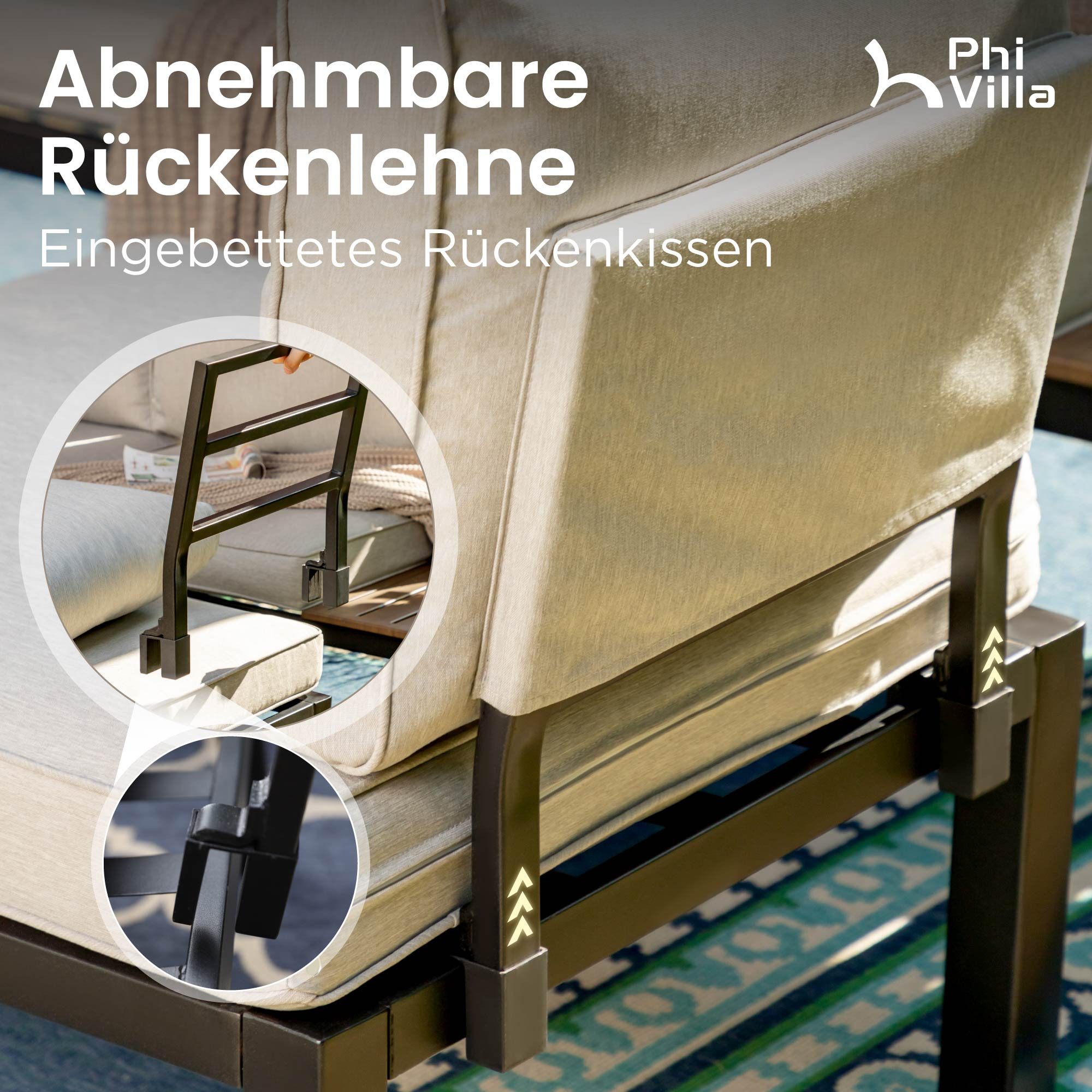 PHI VILLA Gartenlounge-Set, (Gartenmöbel Balkonmöbel mit Verstärkten Kissen und Kaffeetisch), Metall Lounge Möbel Outdoor Gartenlounge, Beige