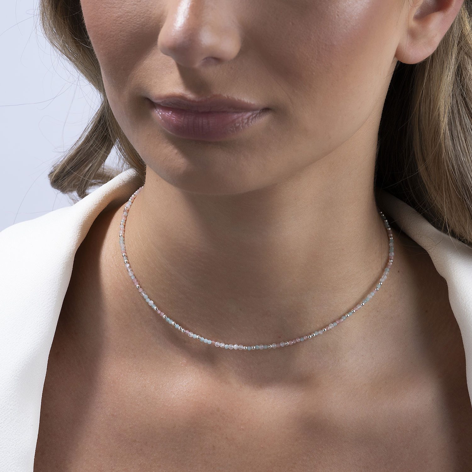Materia Choker Edelstein Kugelkette Amazonit Mondstein Rhodonit CO-37, längenverstellbar